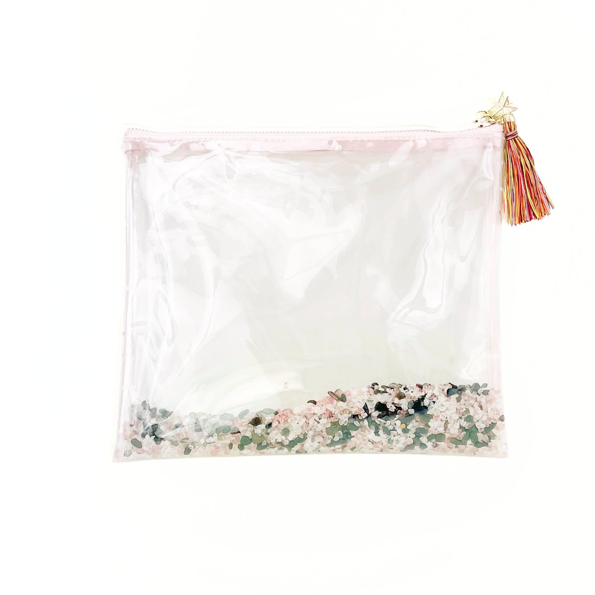 Clear Divine Healing Gemstone Cosmetic Bag with crystals along the base and gold tassel accent