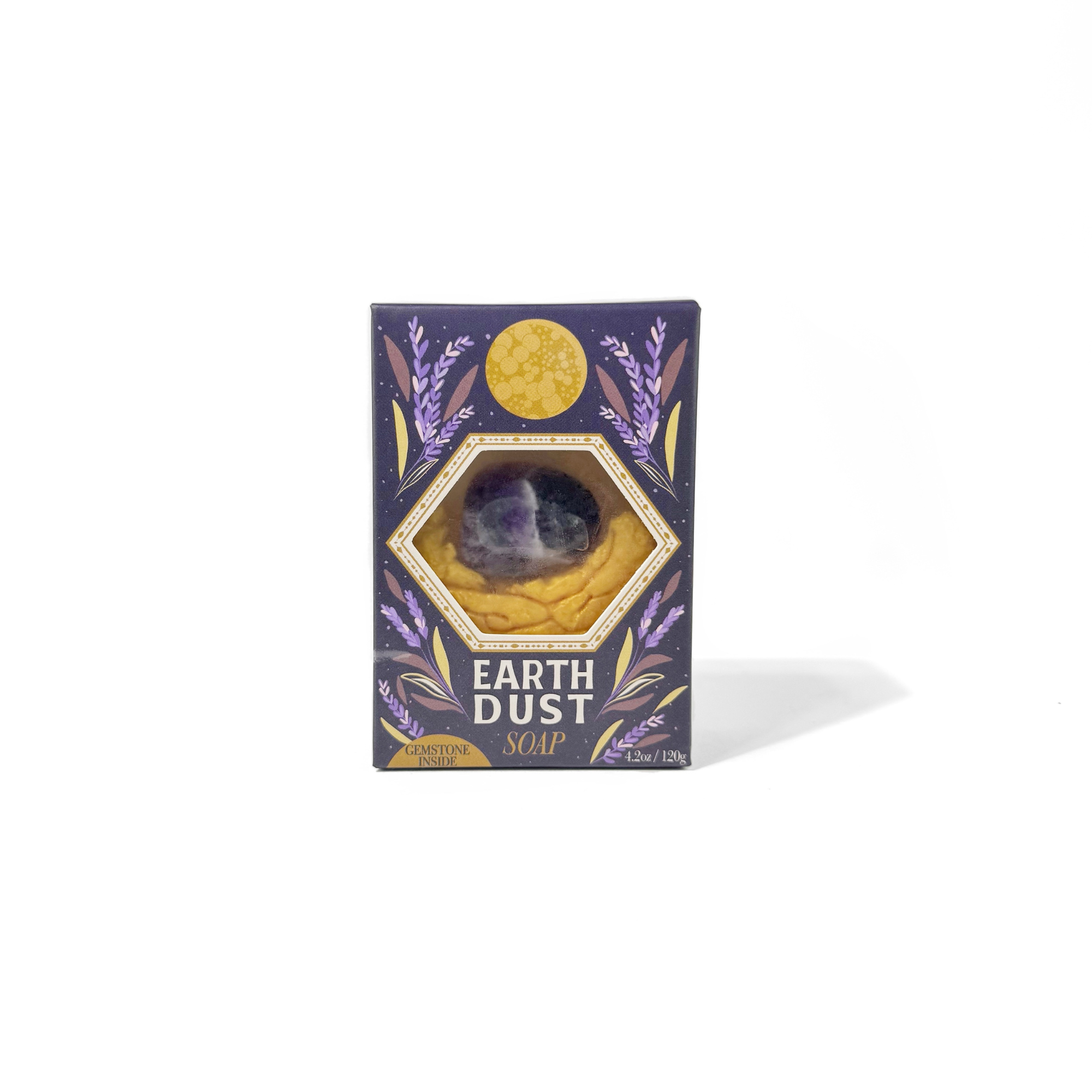 Close-up of Earth Dust Gemstone Soap highlighting real amethyst gemstone and golden marbled texture.