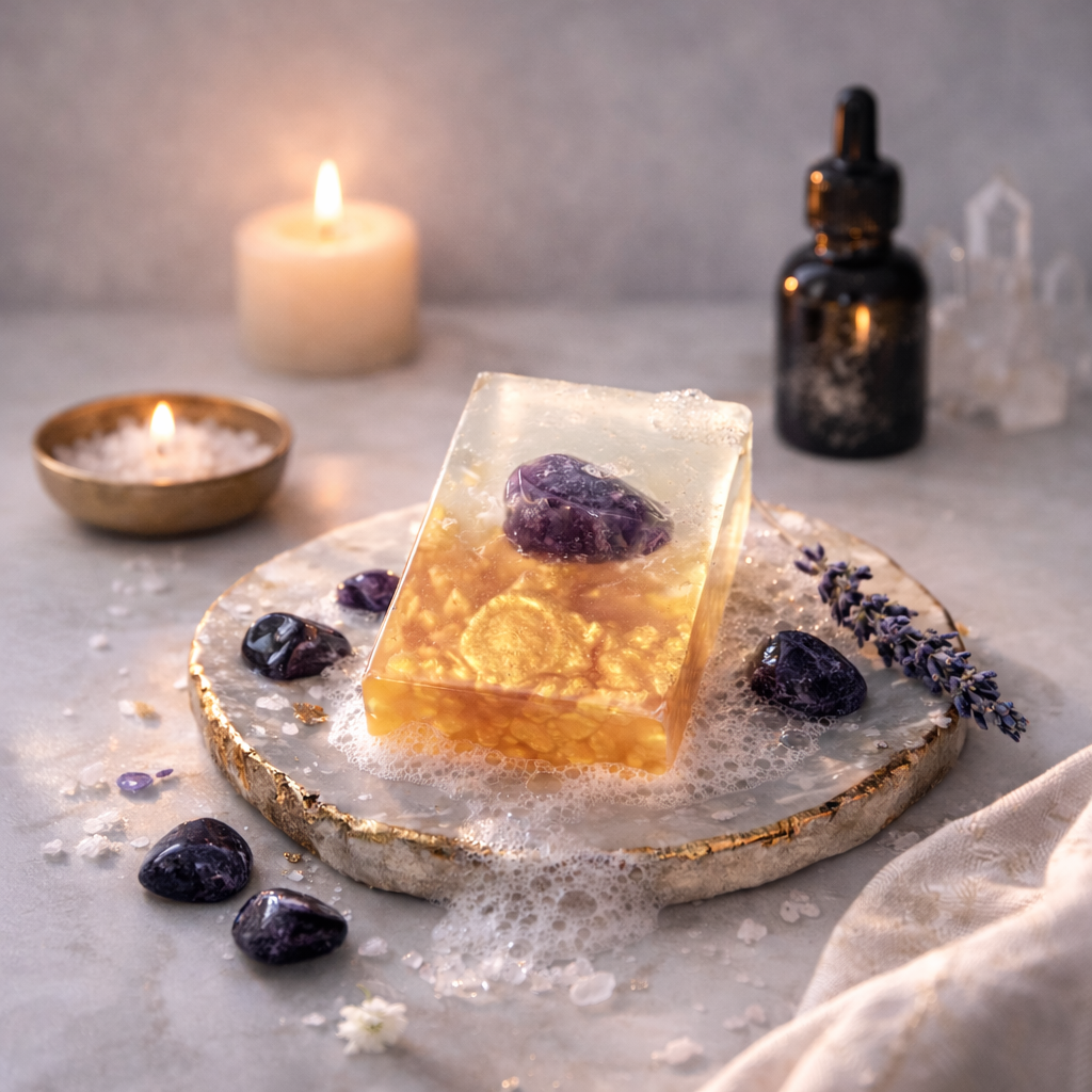 Earth Dust gemstone soap with embedded amethyst crystal styled in a minimal ritual setting with candlelight, lavender, bath salts, and soft suds on a stone dish