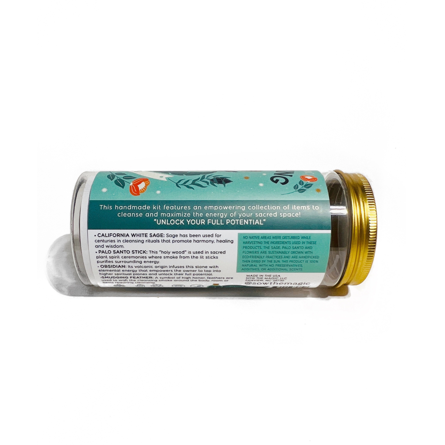 Back view of Empowering Ritual Kit showing handmade eco-friendly label and ingredient list