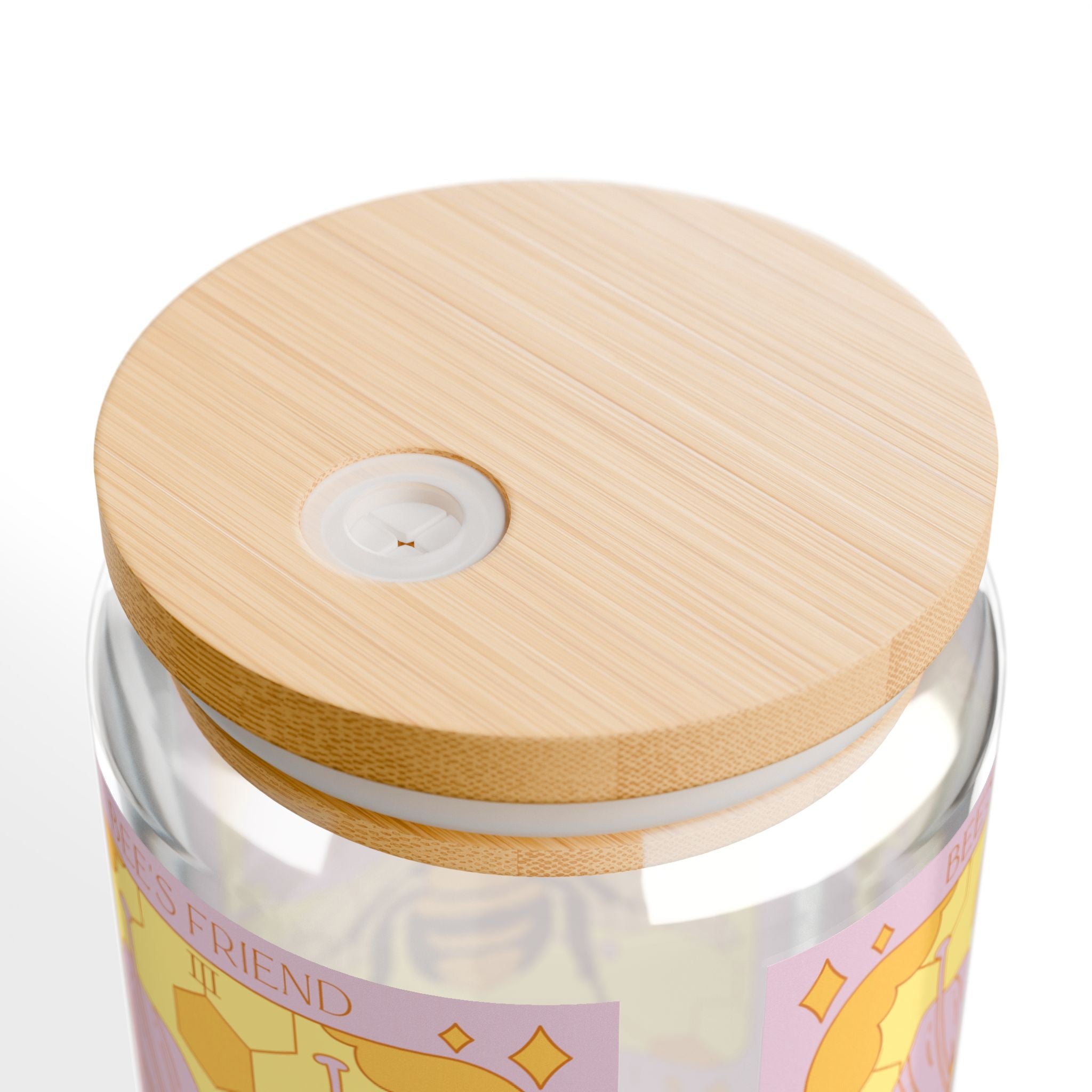 Close-up of bamboo lid on Sow The Magic Empress Bee tarot-inspired glass tumbler