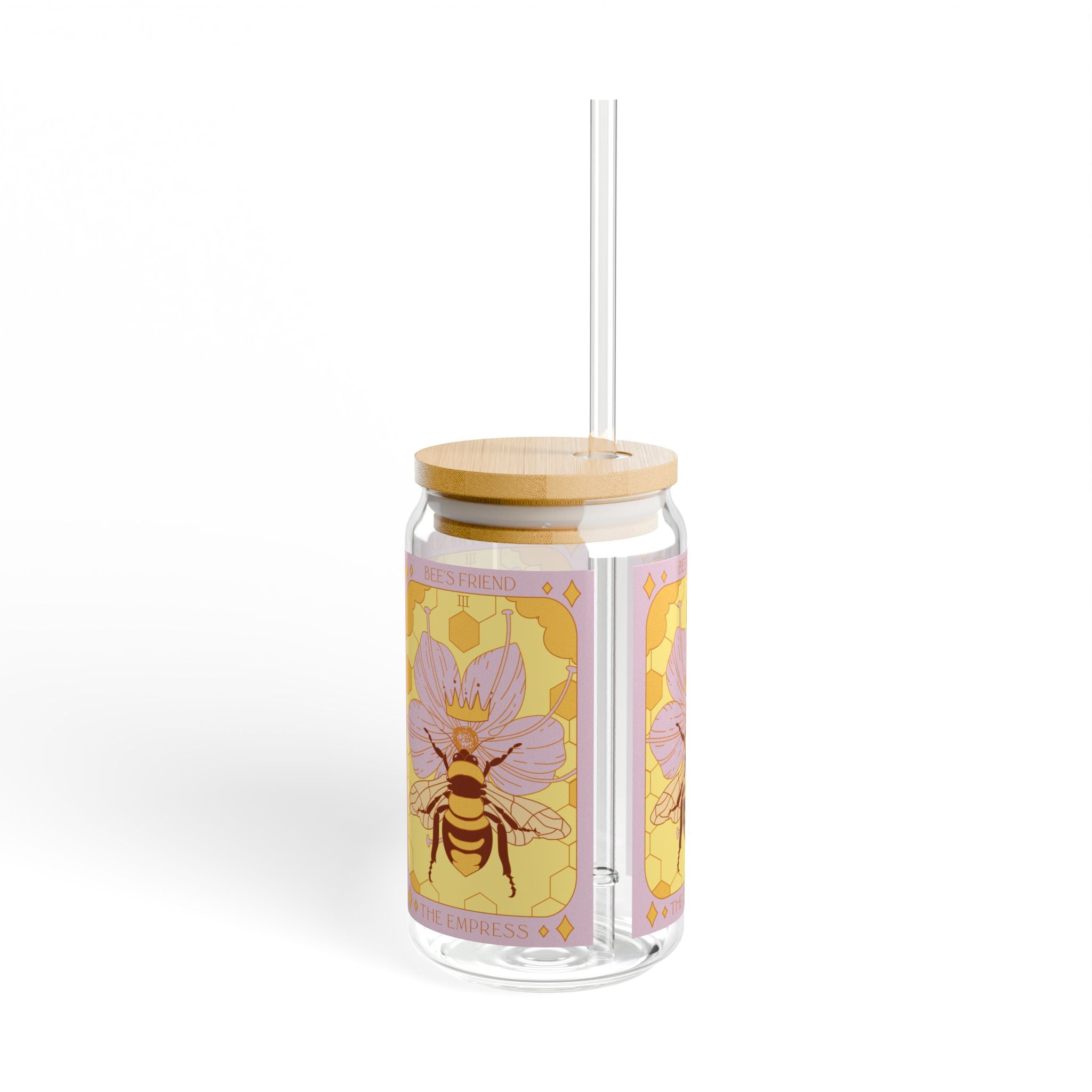 Side view of Sow The Magic Empress Bee tarot glass tumbler featuring colorful botanical artwork