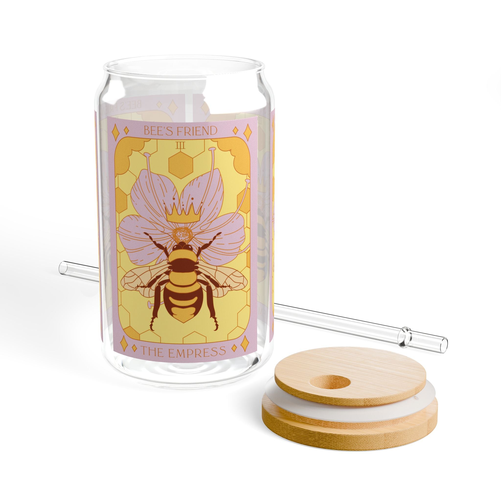 Empress Bee tarot glass tumbler displayed with removable bamboo lid and reusable clear straw