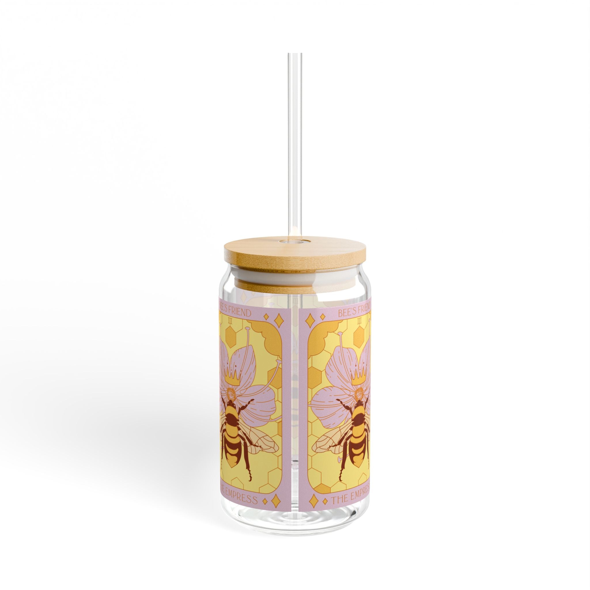 Empress Bee tarot glass tumbler showing colorful wraparound botanical seed packet illustrations