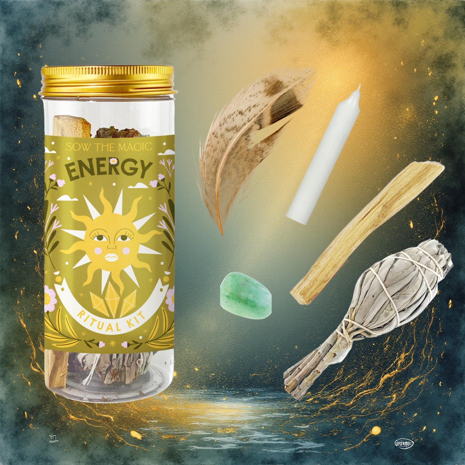 Energy Ritual Kit with Aventurine crystal, Palo Santo, Sage, candle and feather surrounded by golden cosmic light
