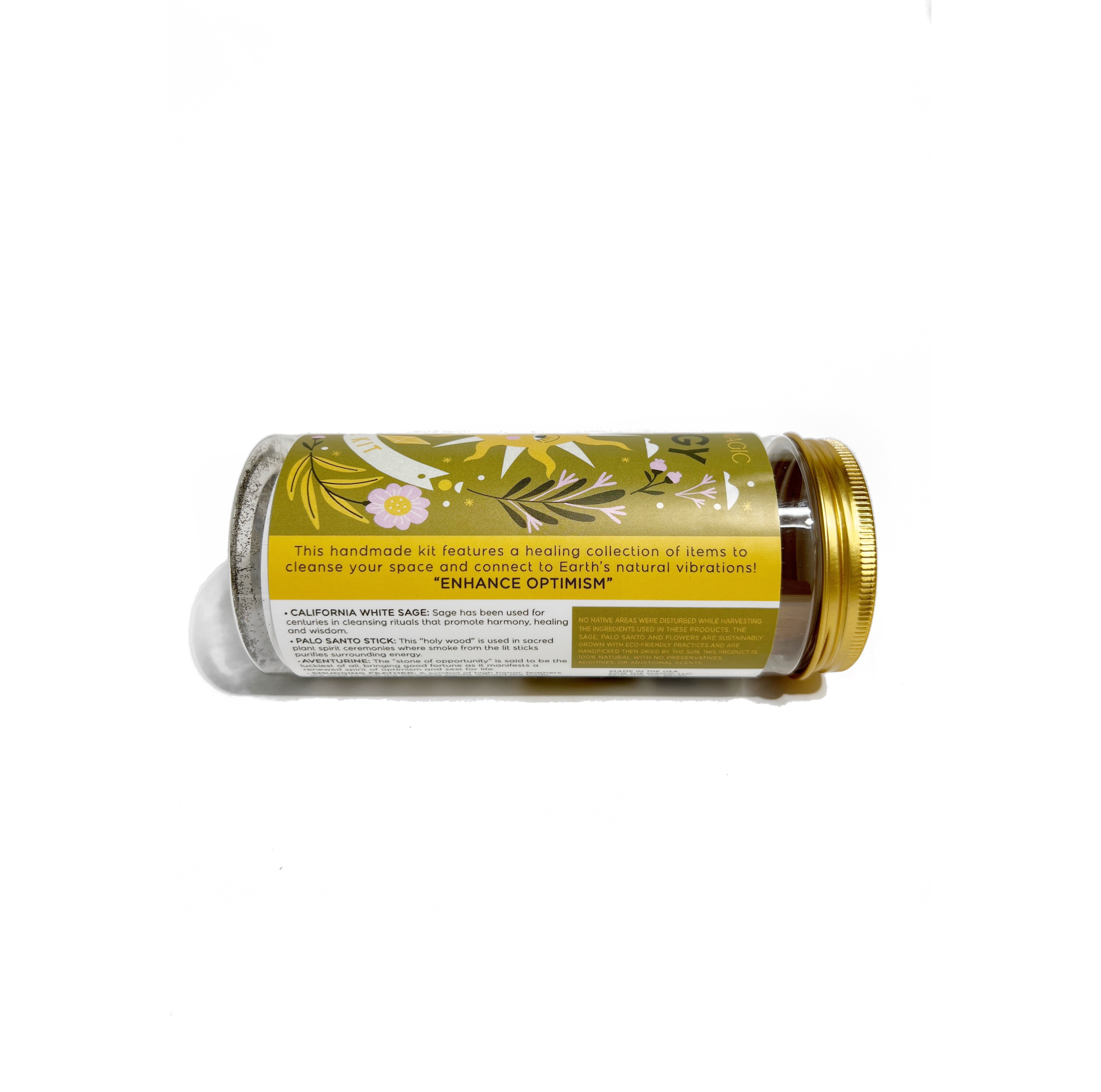 Back label of Energy Ritual Kit showing product ingredients, affirmations and eco-friendly handcrafted details