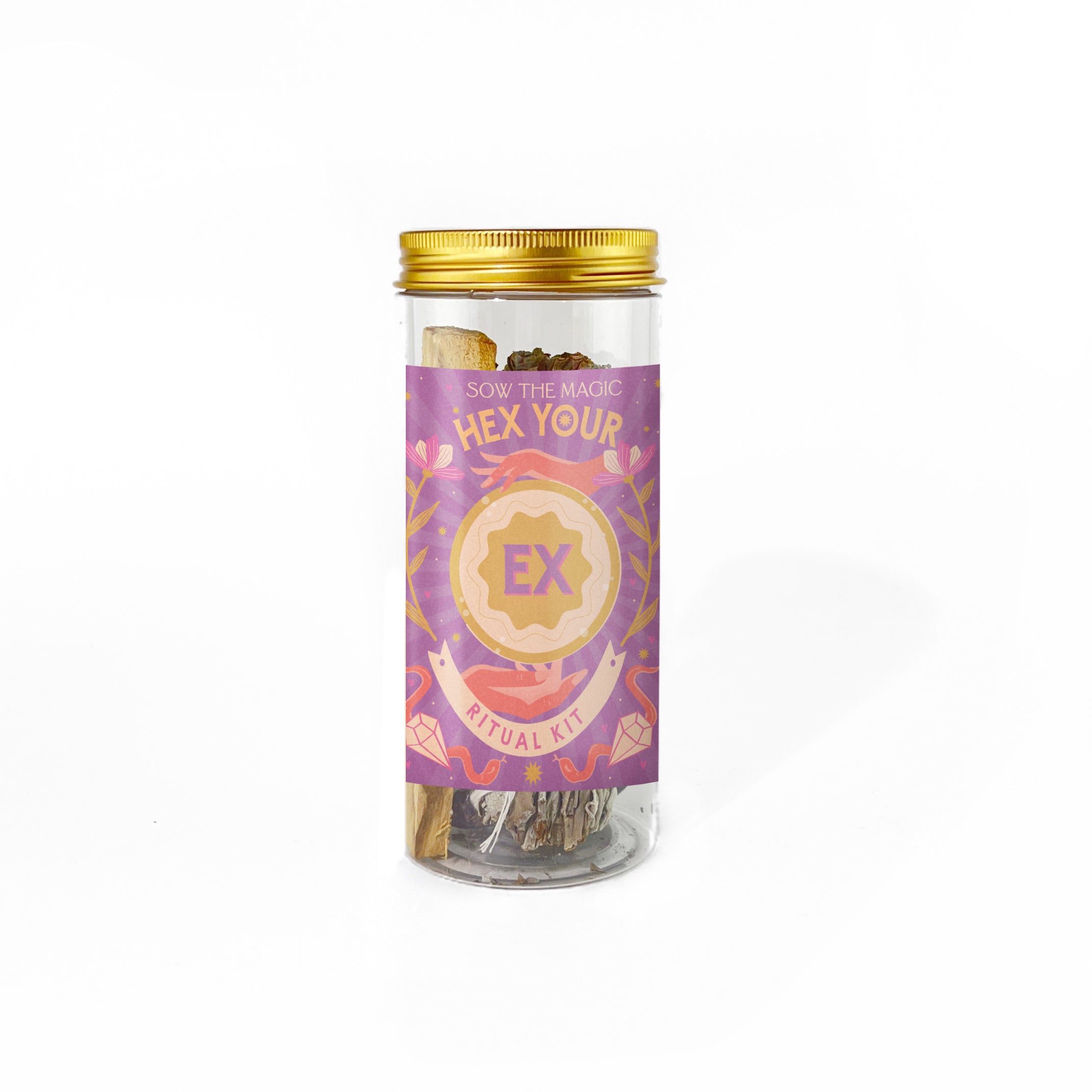 Hex Your Ex Ritual Kit featuring Opalite crystal, Palo Santo, Sage, candle and feather for energy cleansing and renewal