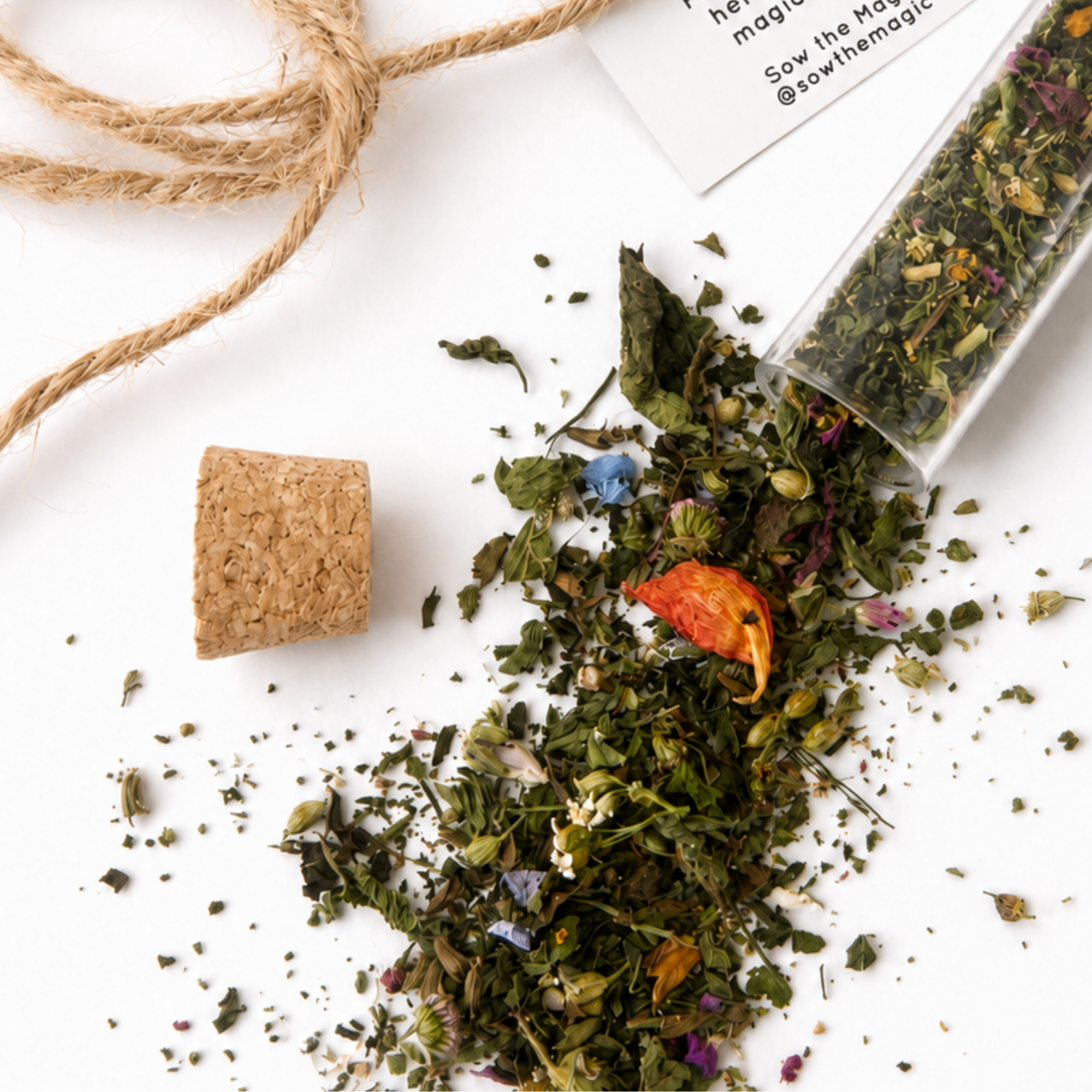Close-up of colorful dried flowers and herbs spilling from a Fairy Wishing Dust plastic vial