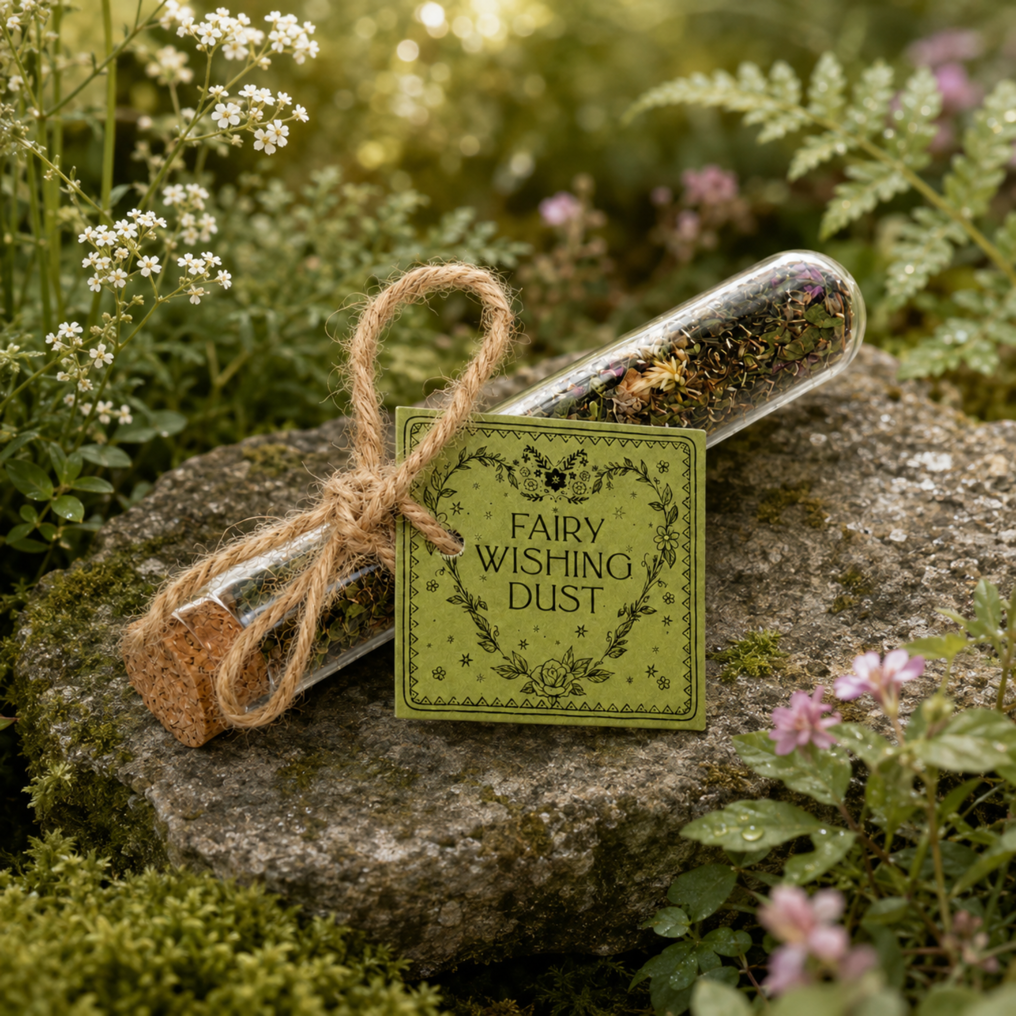 Fairy Wishing Dust botanical vial with green floral tag displayed on a mossy stone in an enchanted garden
