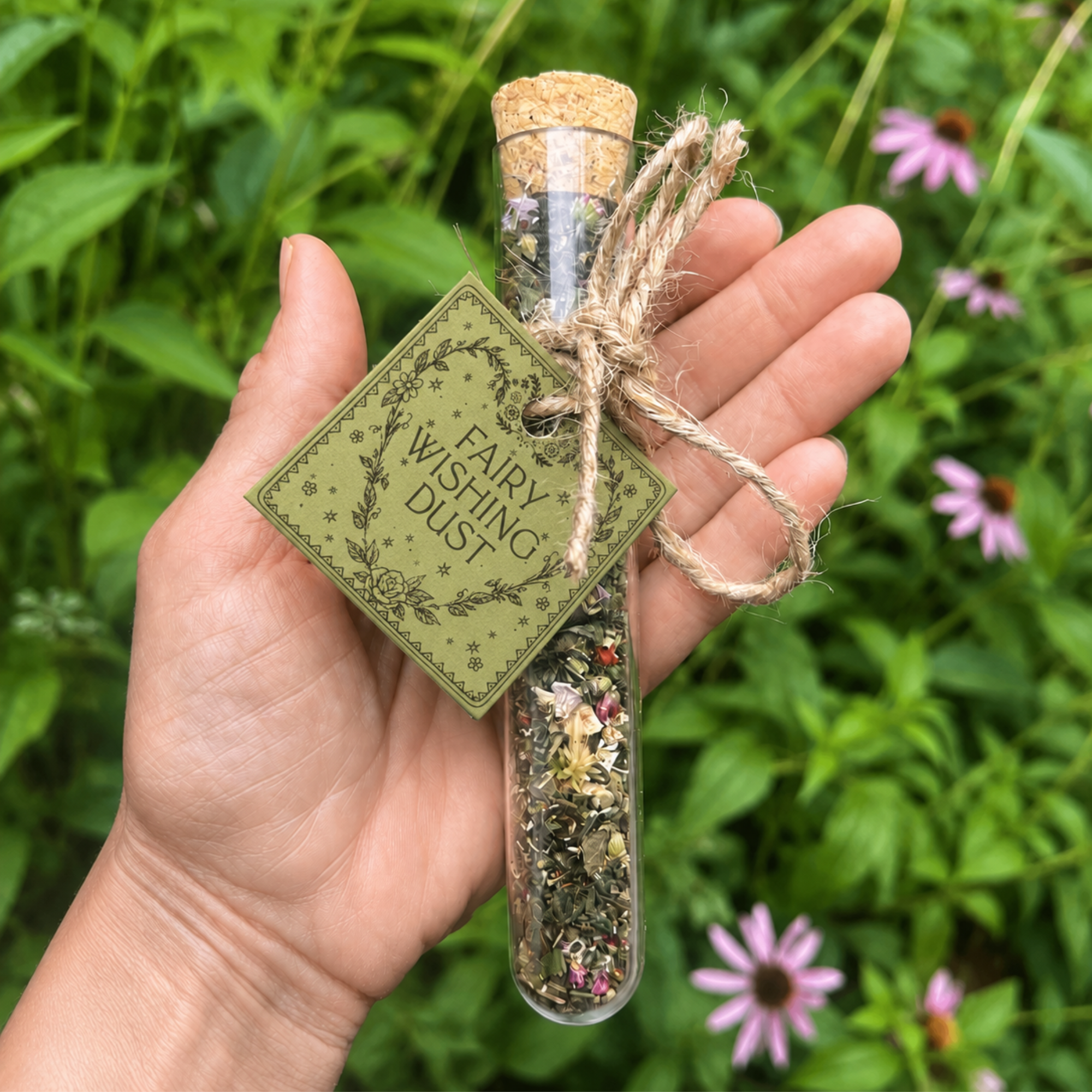 Fairy Wishing Dust botanical vial held outdoors with green product tag and purple wildflowers
