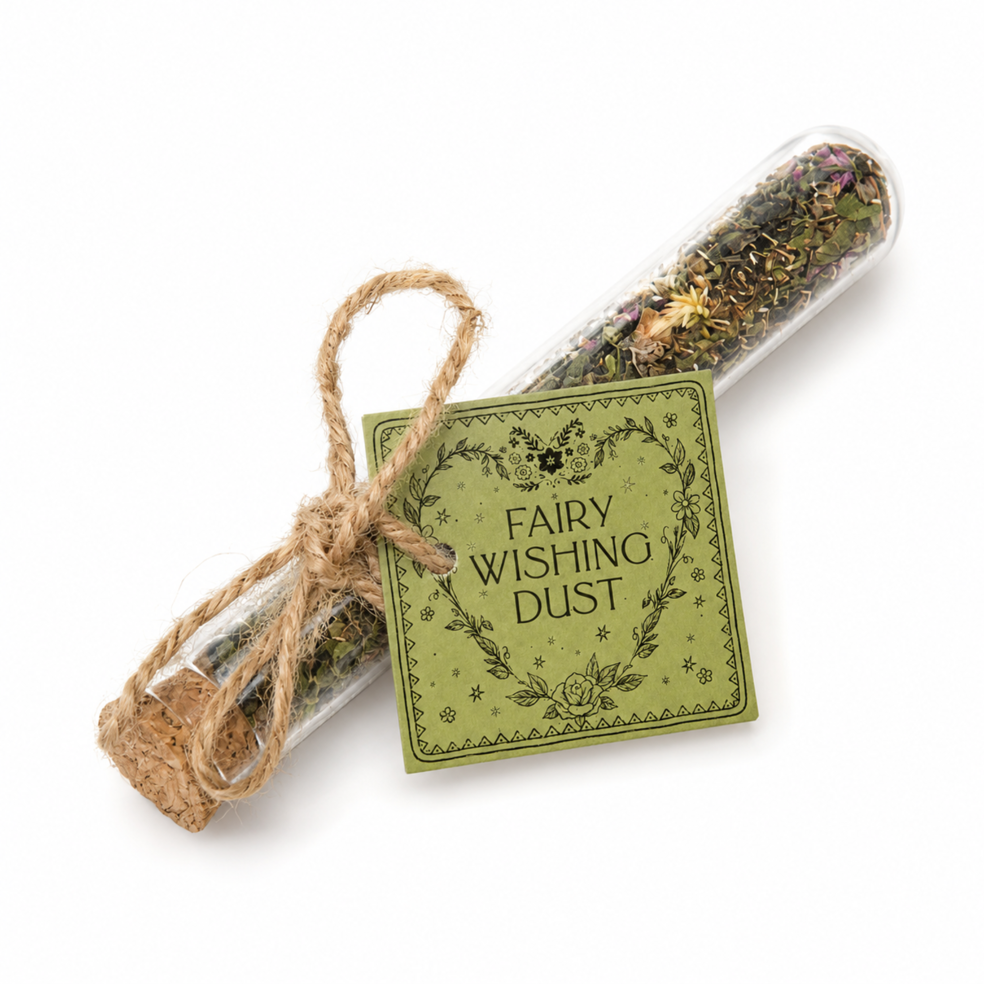 Fairy Wishing Dust glass vial with green floral tag, dried botanicals and rustic jute twine