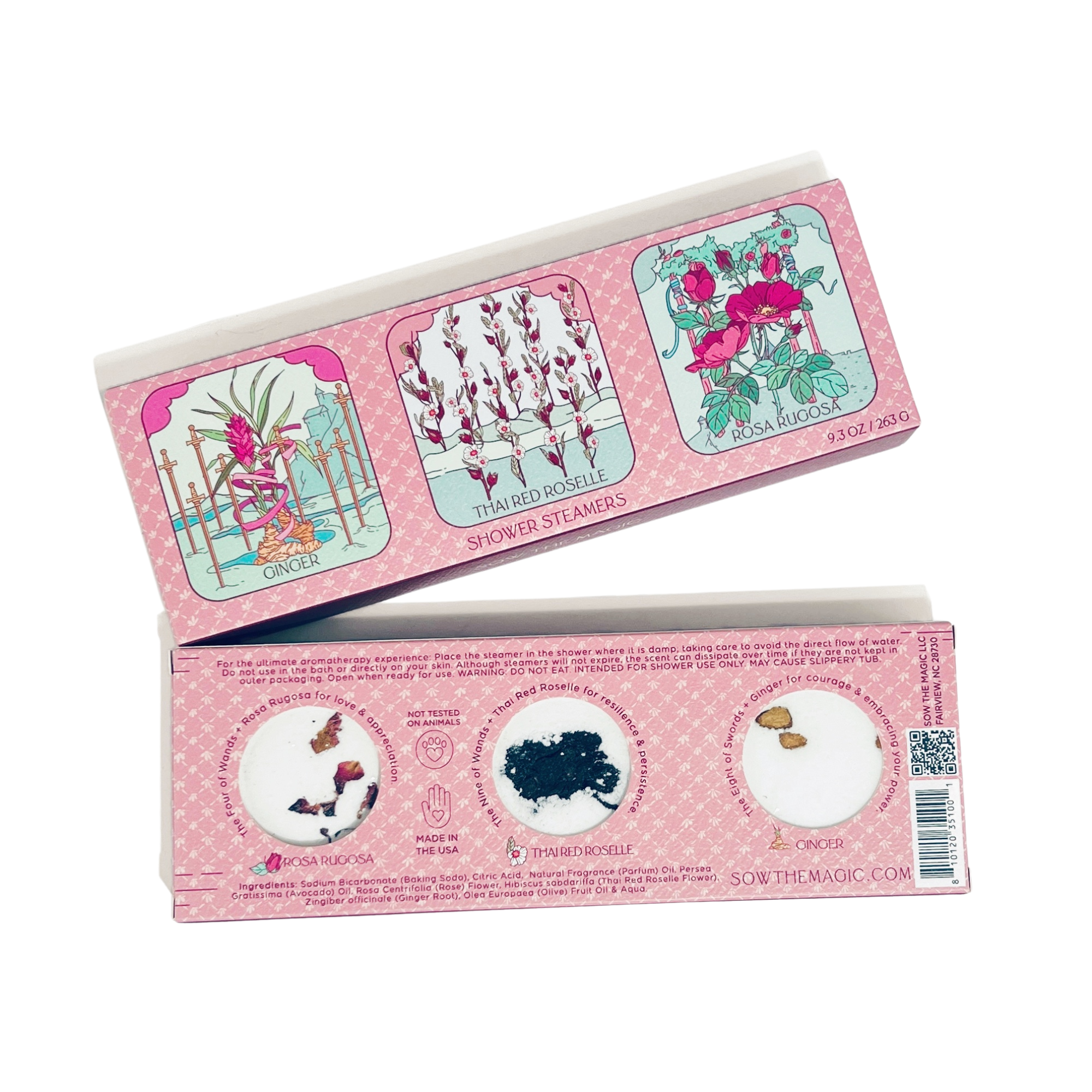 Multiple Floral Tarot Shower Steamer Trio boxes with matching steamers displayed for product photography