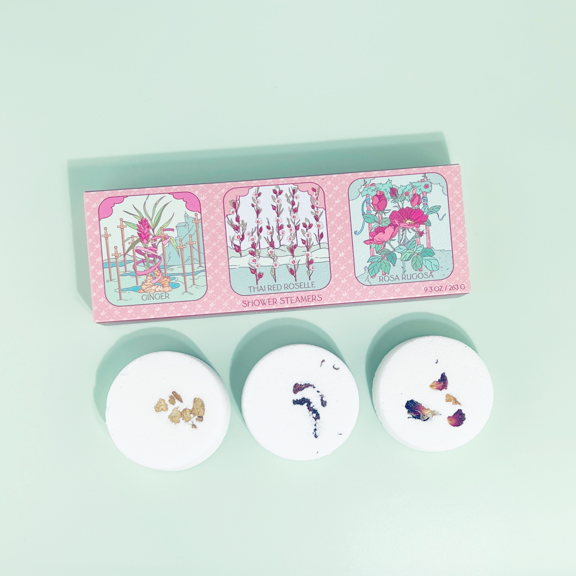 Floral Tarot Shower Steamer Trio arranged as a self-care gift set with vibrant tarot artwork and botanicals