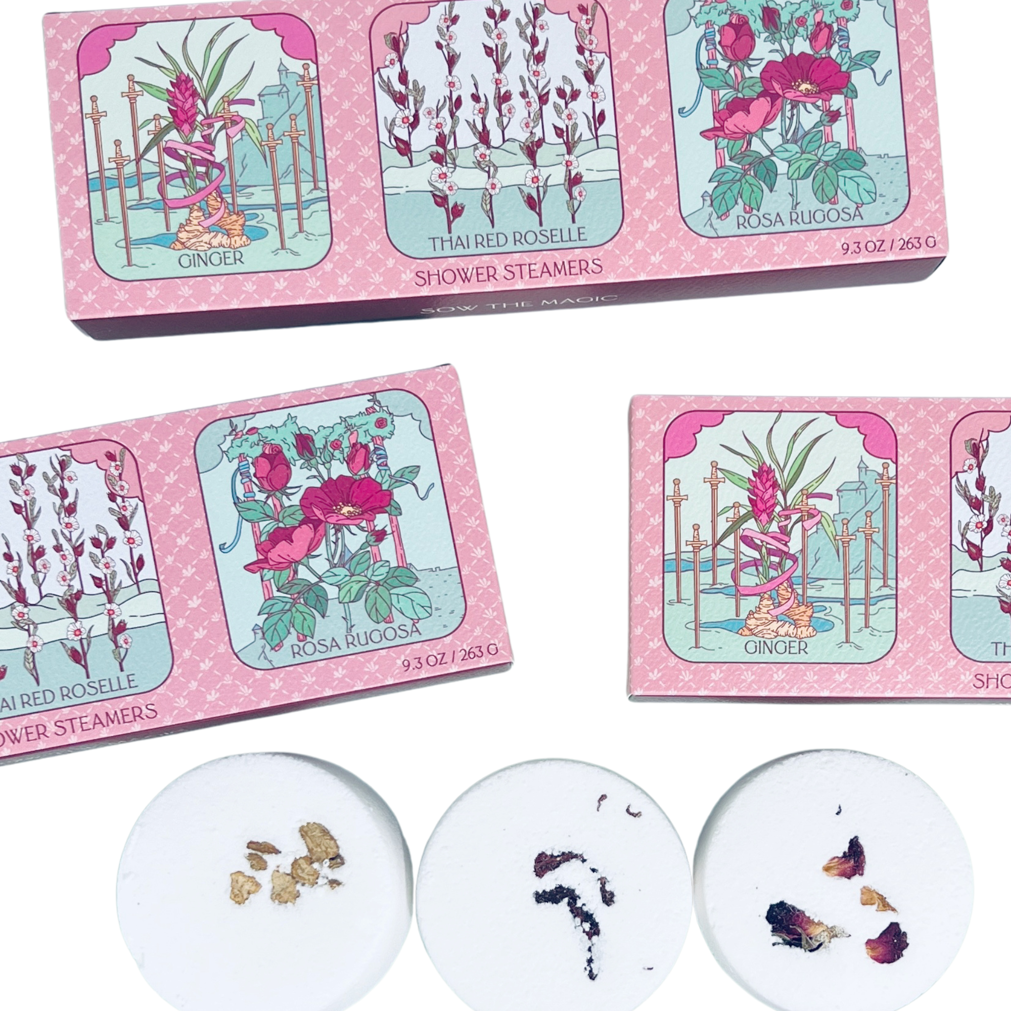 Close-up of Floral Tarot Shower Steamer Trio packaging with ginger, rose, and red roselle steamers