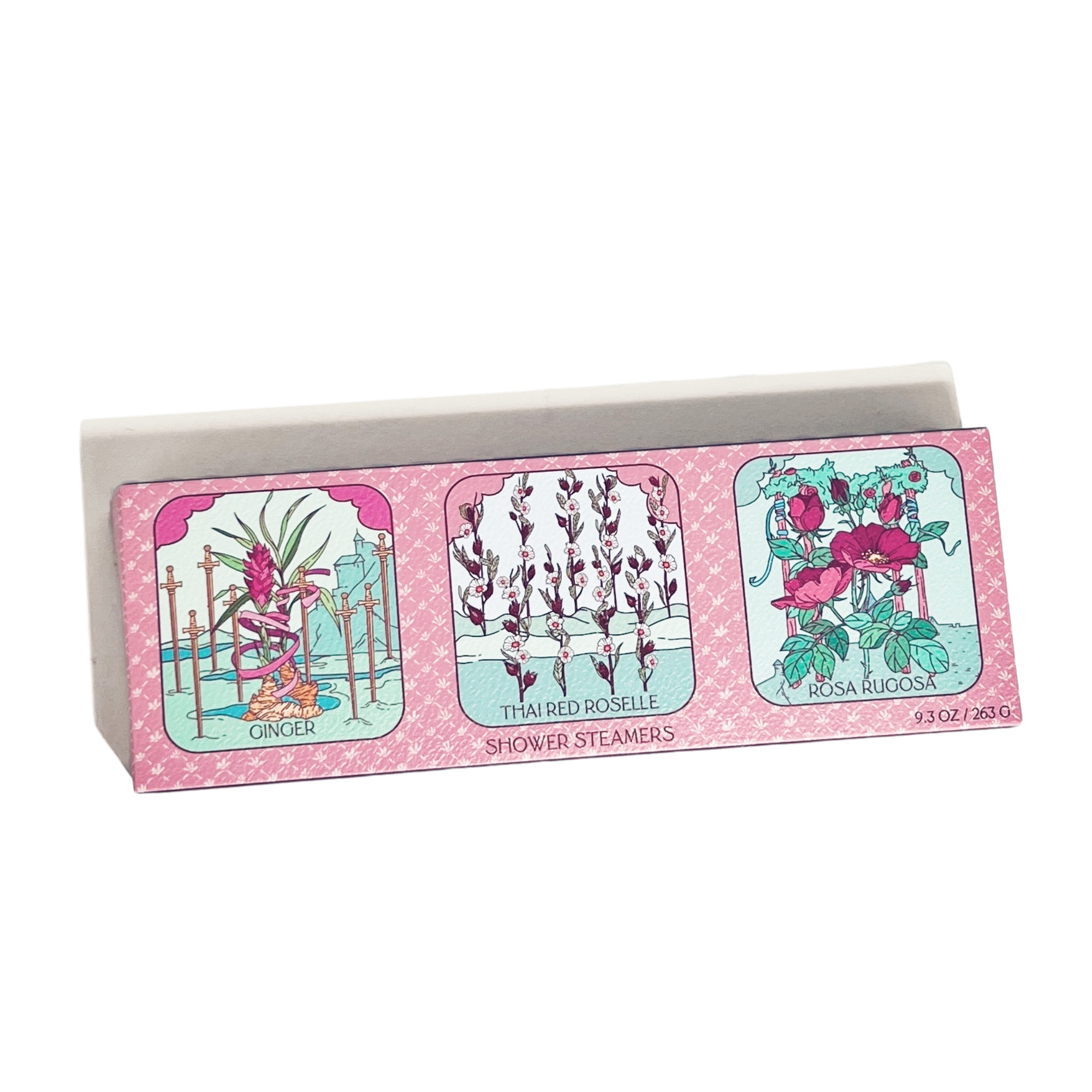 Close-up of Floral Tarot Shower Steamer Trio packaging with ginger, rose, and red roselle