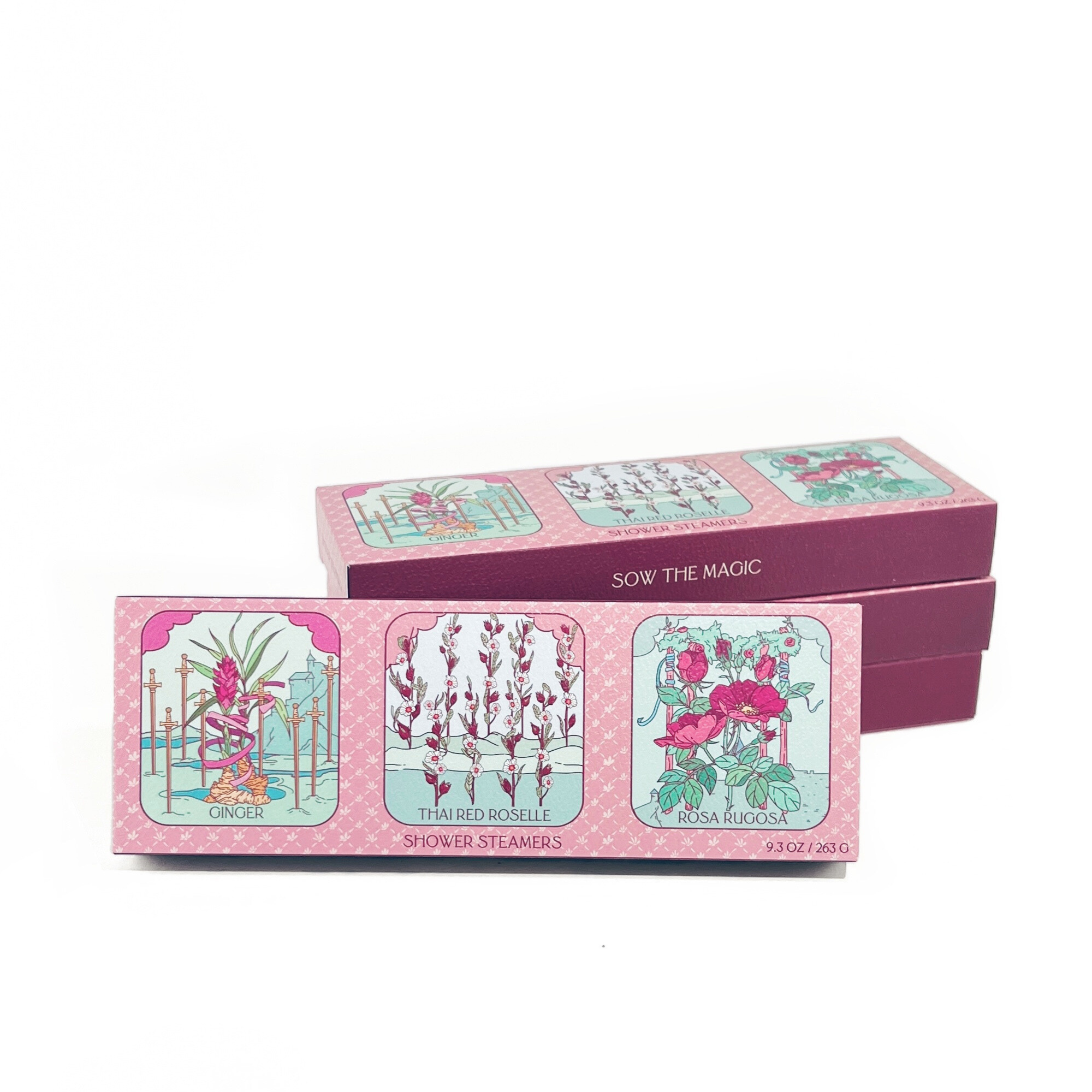 Stacked boxes of Floral Tarot Shower Steamer Trio showing colorful tarot design and three botanical scents
