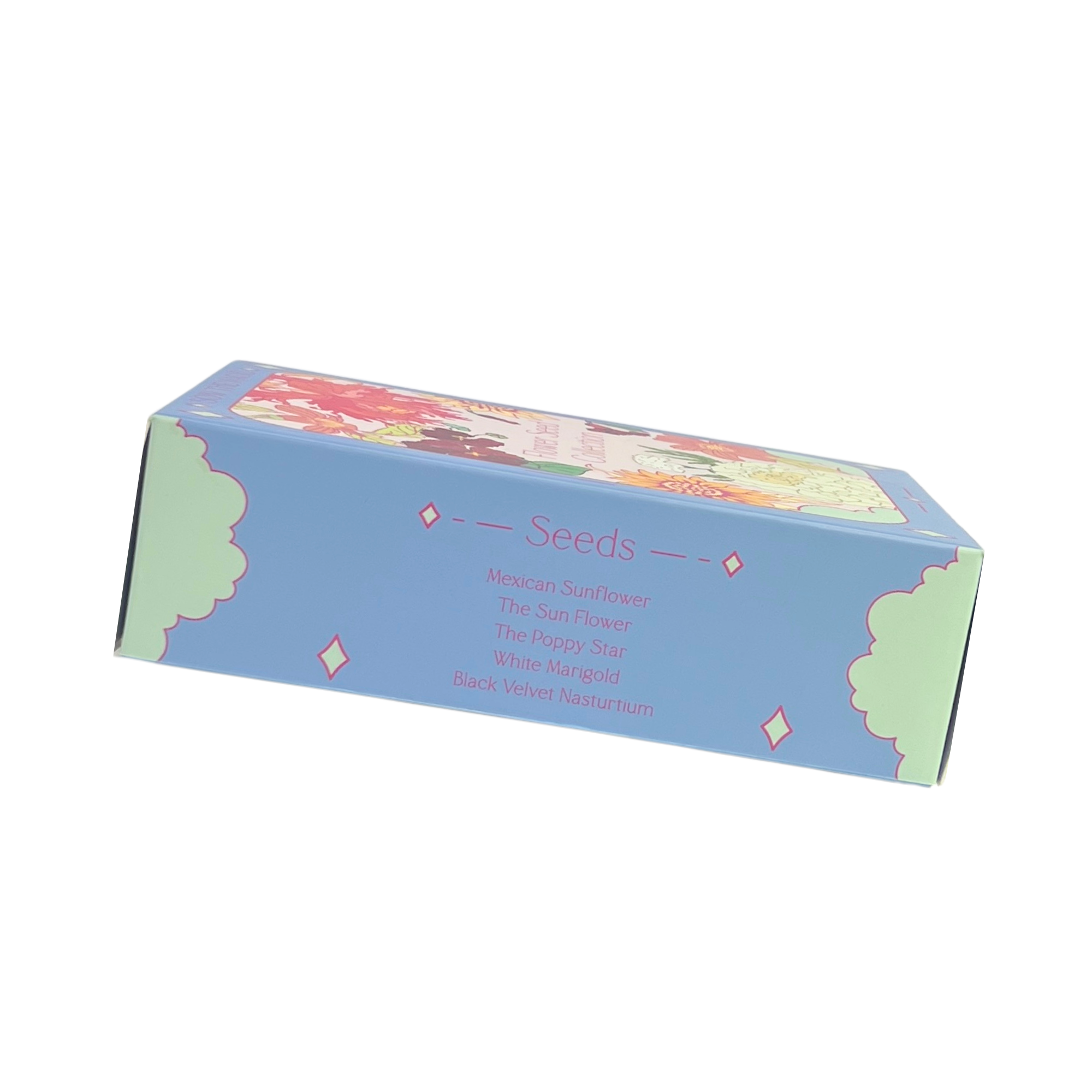 Side view of Sow The Magic Flower Seed Collection box listing included seeds: Mexican Sunflower, The Sun Flower, The Poppy Star, White Marigold, and Black Velvet Nasturtium.