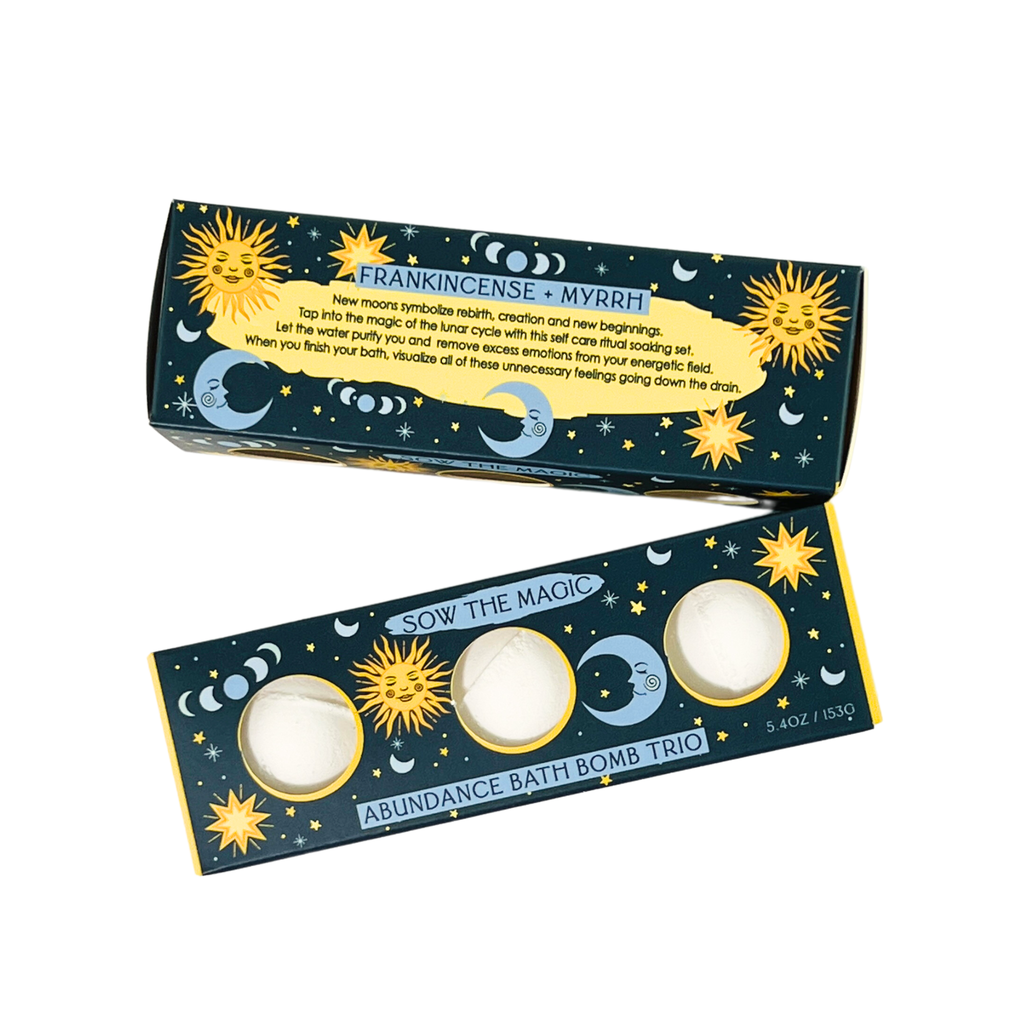 Abundance Bath Bomb Trio featuring frankincense and myrrh oils with celestial-themed packaging