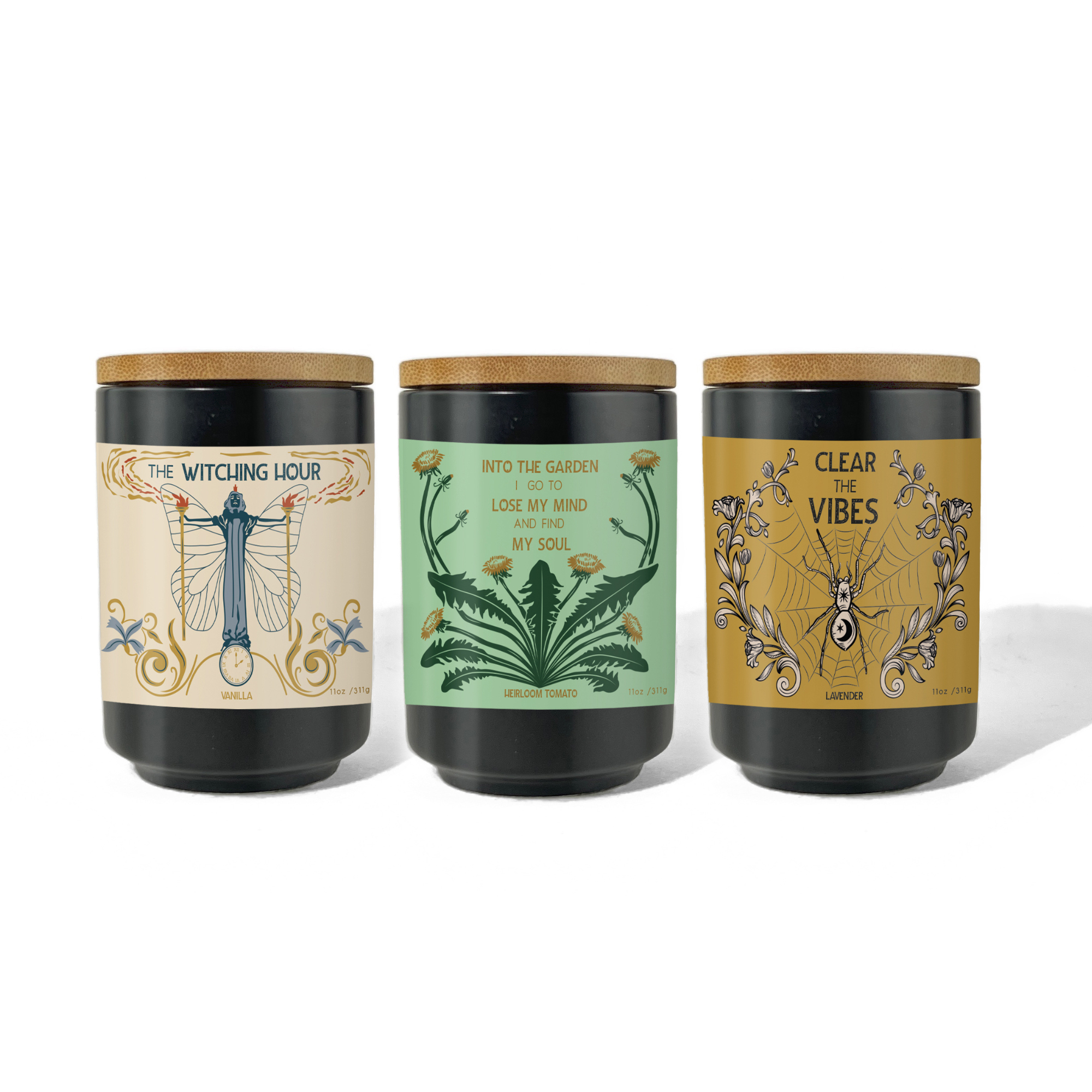 Set of garden candles with heirloom tomato in jars with natural lids