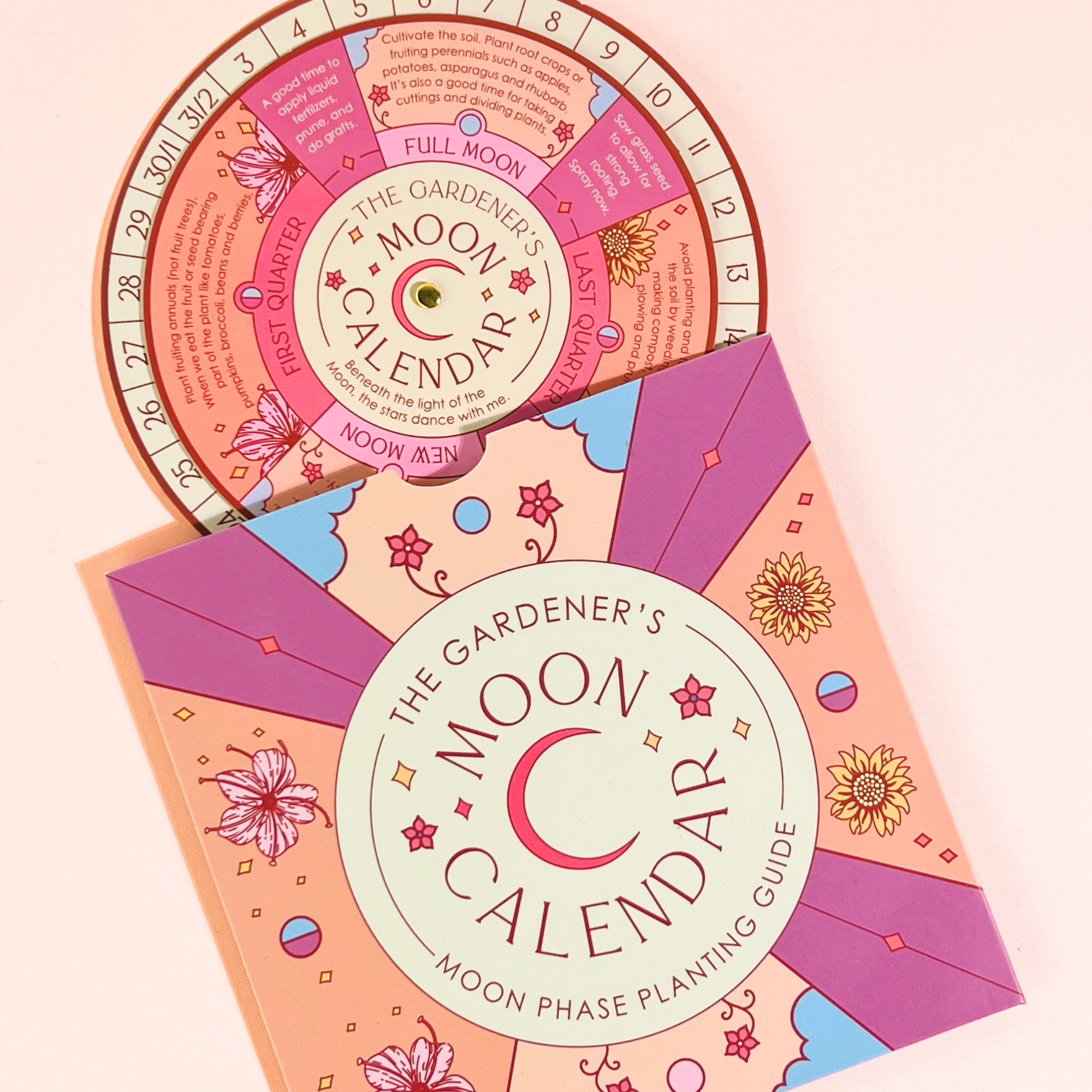 The Gardener’s Moon Calendar showing colorful lunar phase planting guide in pink and gold design