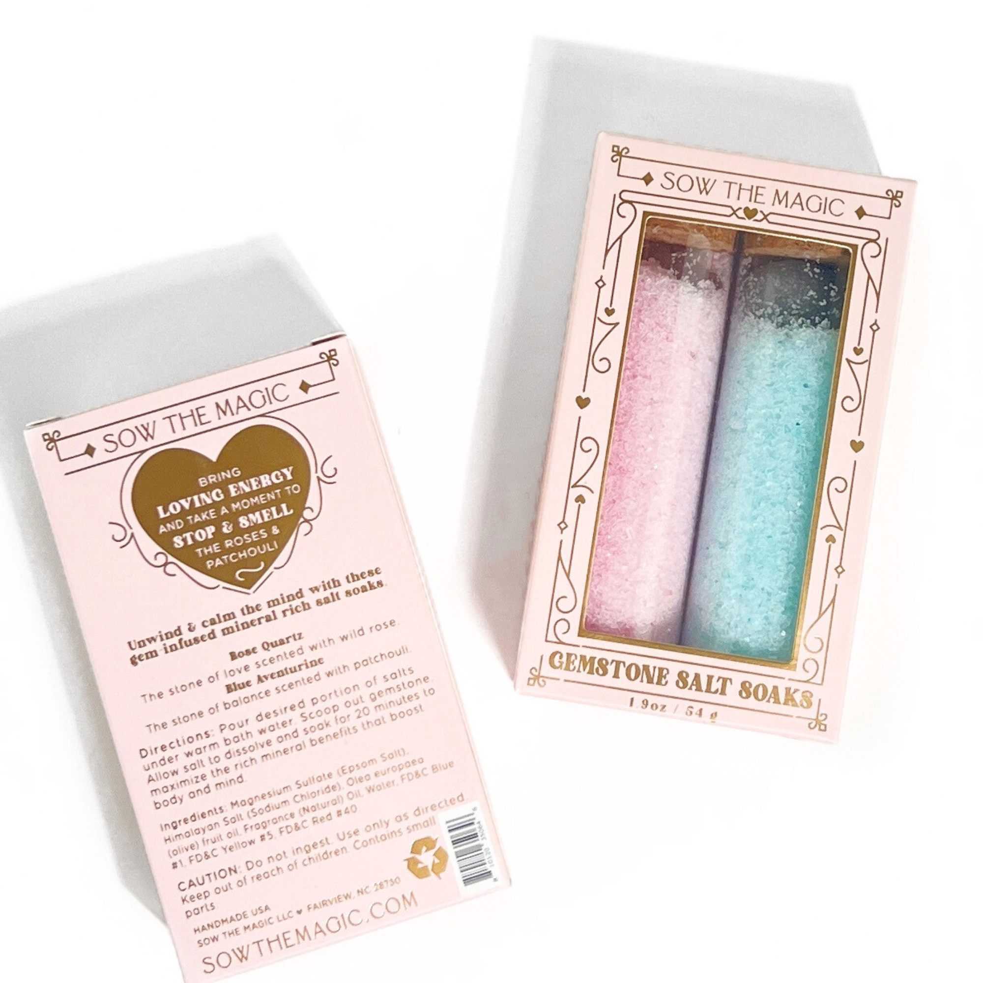 Pink and blue gemstone salt soak duo gift set with Rose Quartz and Blue Aventurine in pink Sow the Magic box