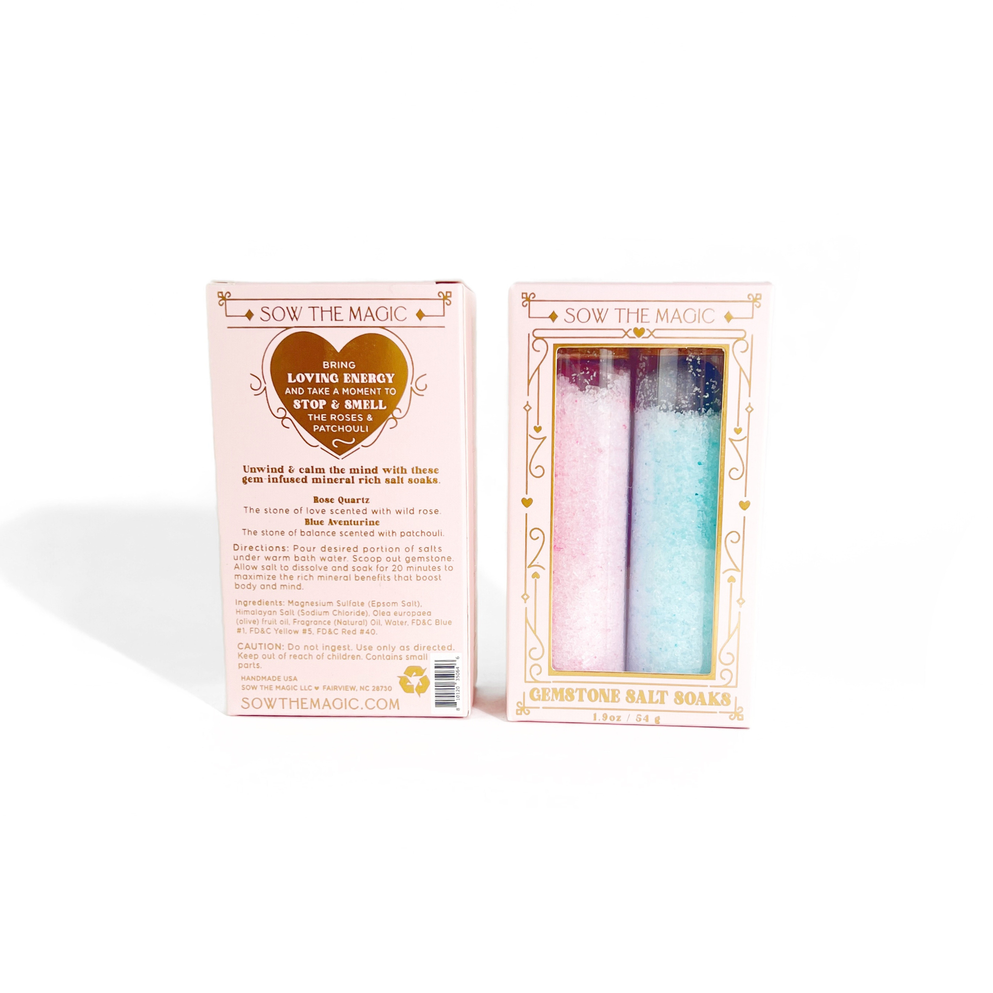 Front and back view of Sow the Magic gemstone salt soak duo box with gold foil design and ingredients