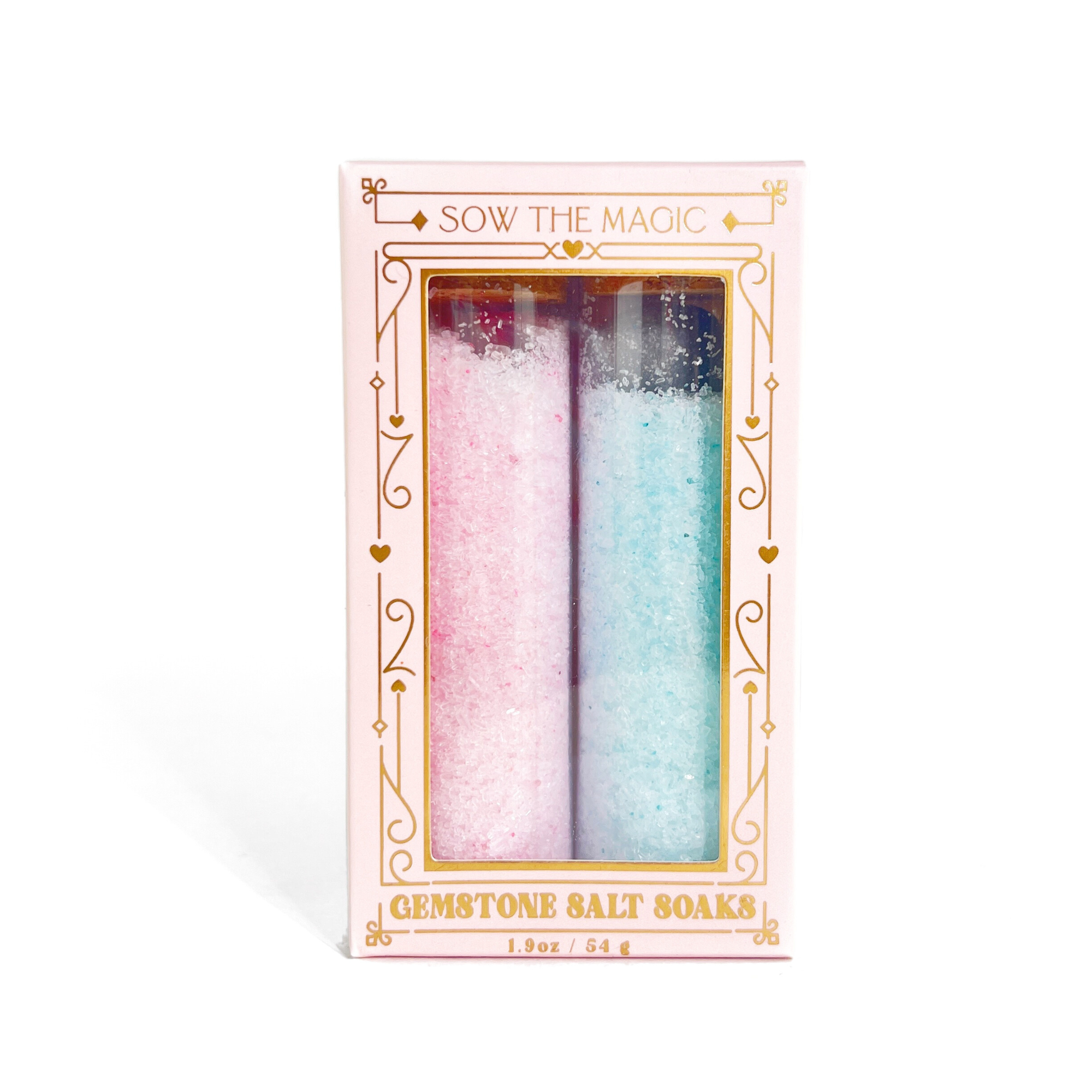 Pink and blue gemstone salt soak duo boxed gift set with elegant gold details from Sow the Magic