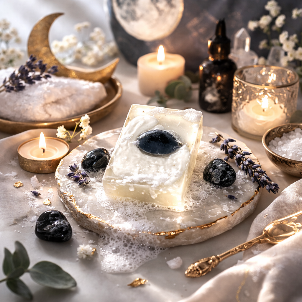 Moon Light, Spirited Sunset, and Earth Dust gemstone soaps styled in a bright spa setting with crystals, suds, candles, and soft floral accents