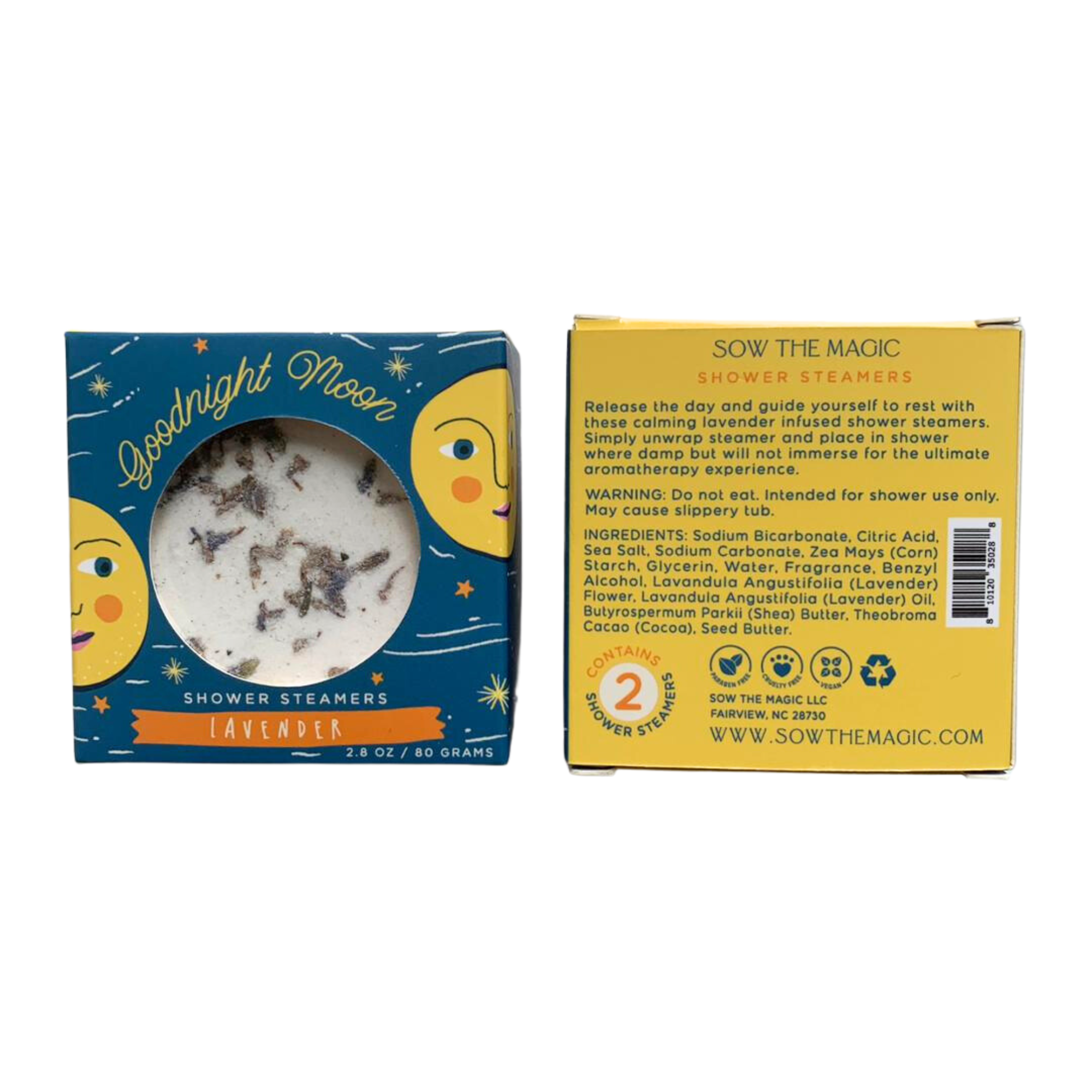 Front and back view of Goodnight Moon lavender shower steamers packaging with ingredients and directions