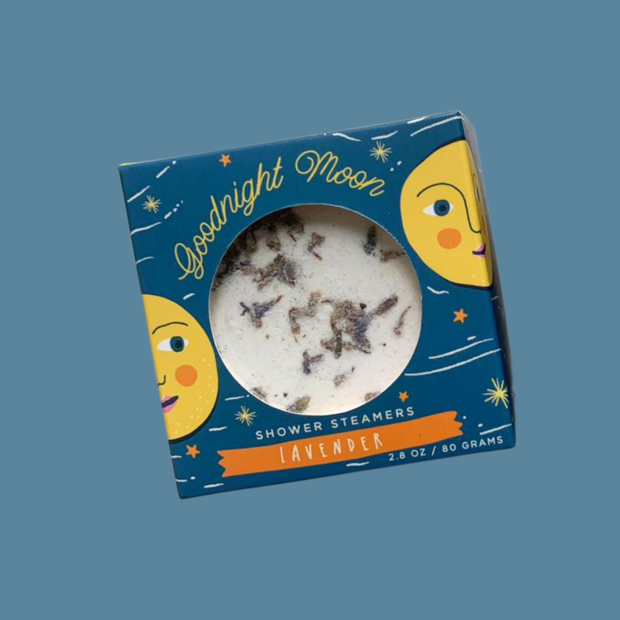 Goodnight Moon lavender shower steamer in blue box with illustrated moon design on blue background