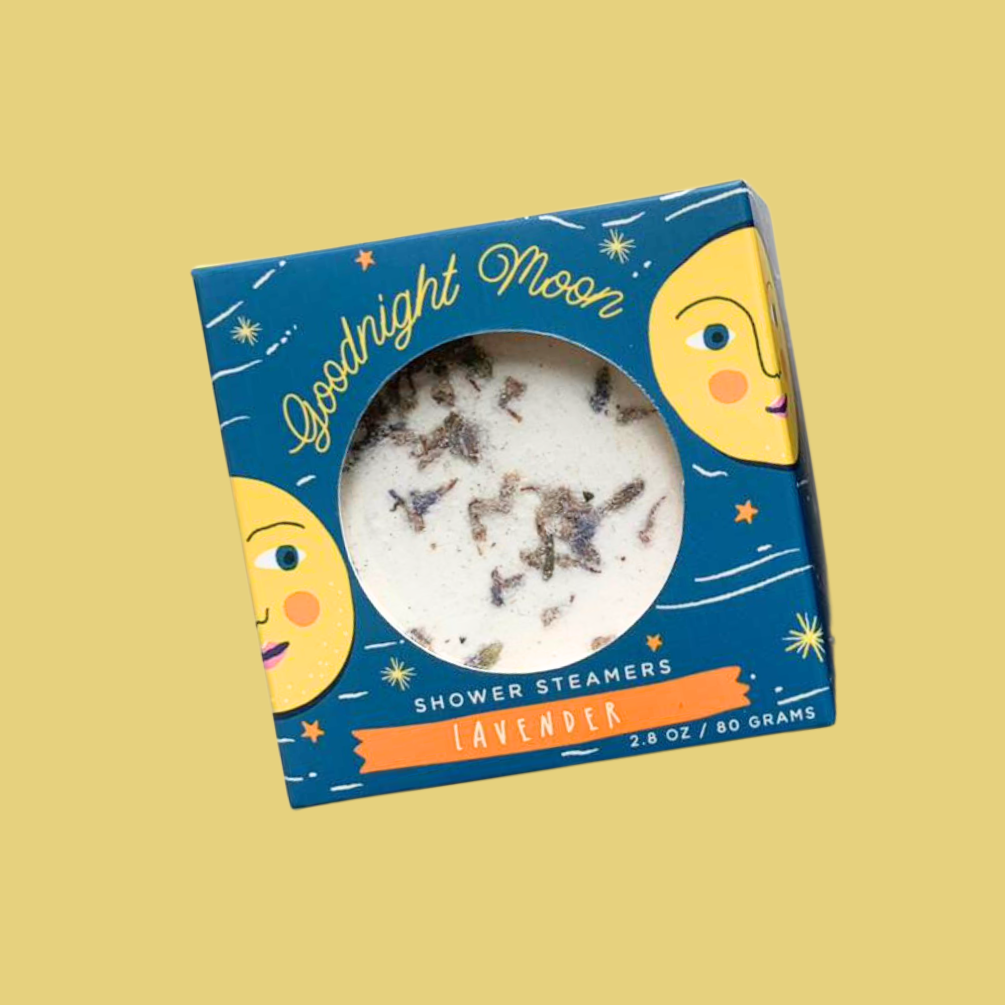 Goodnight Moon lavender shower steamer in blue box with yellow moon artwork on yellow background