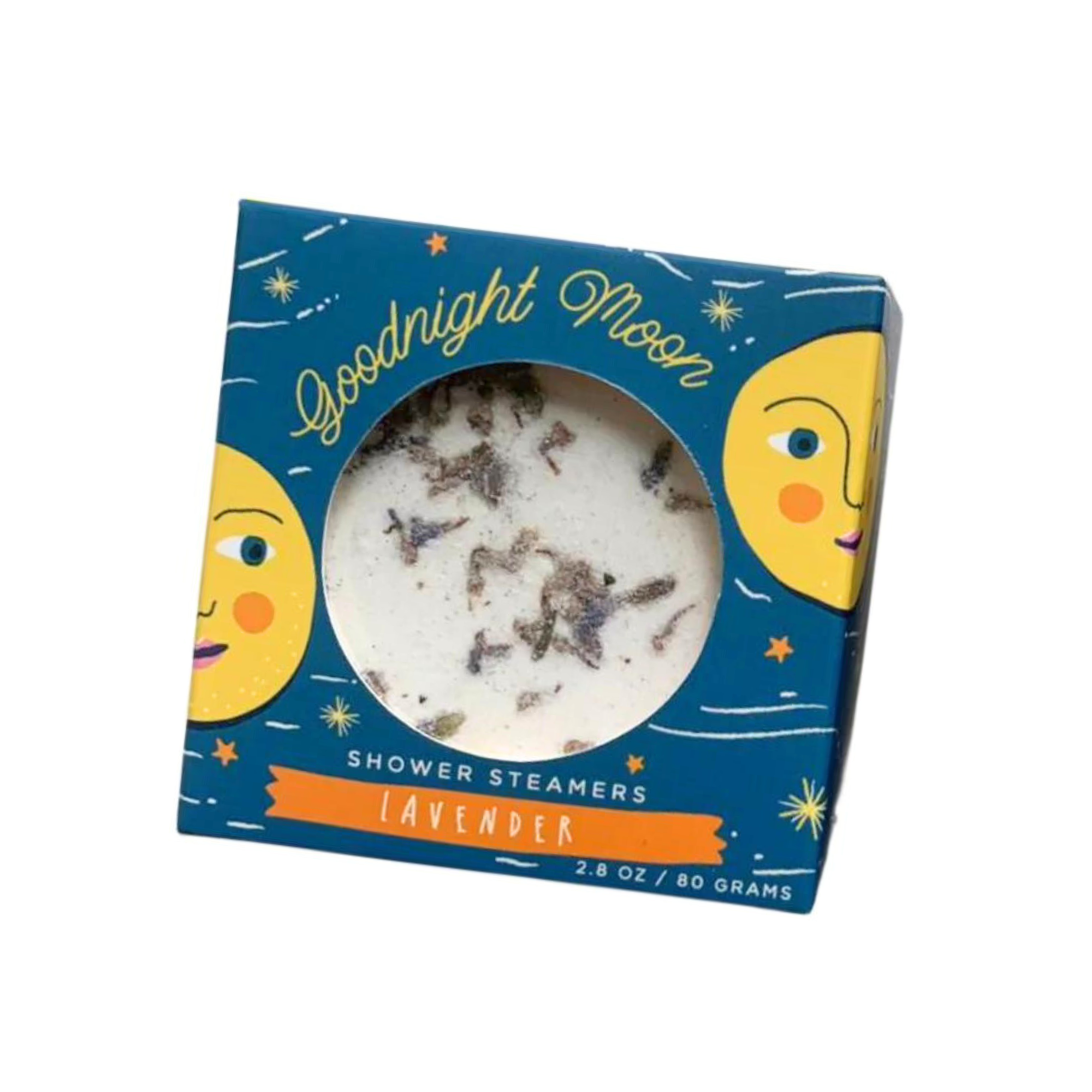 Goodnight Moon lavender shower steamer duo in blue box featuring whimsical moon design and product label