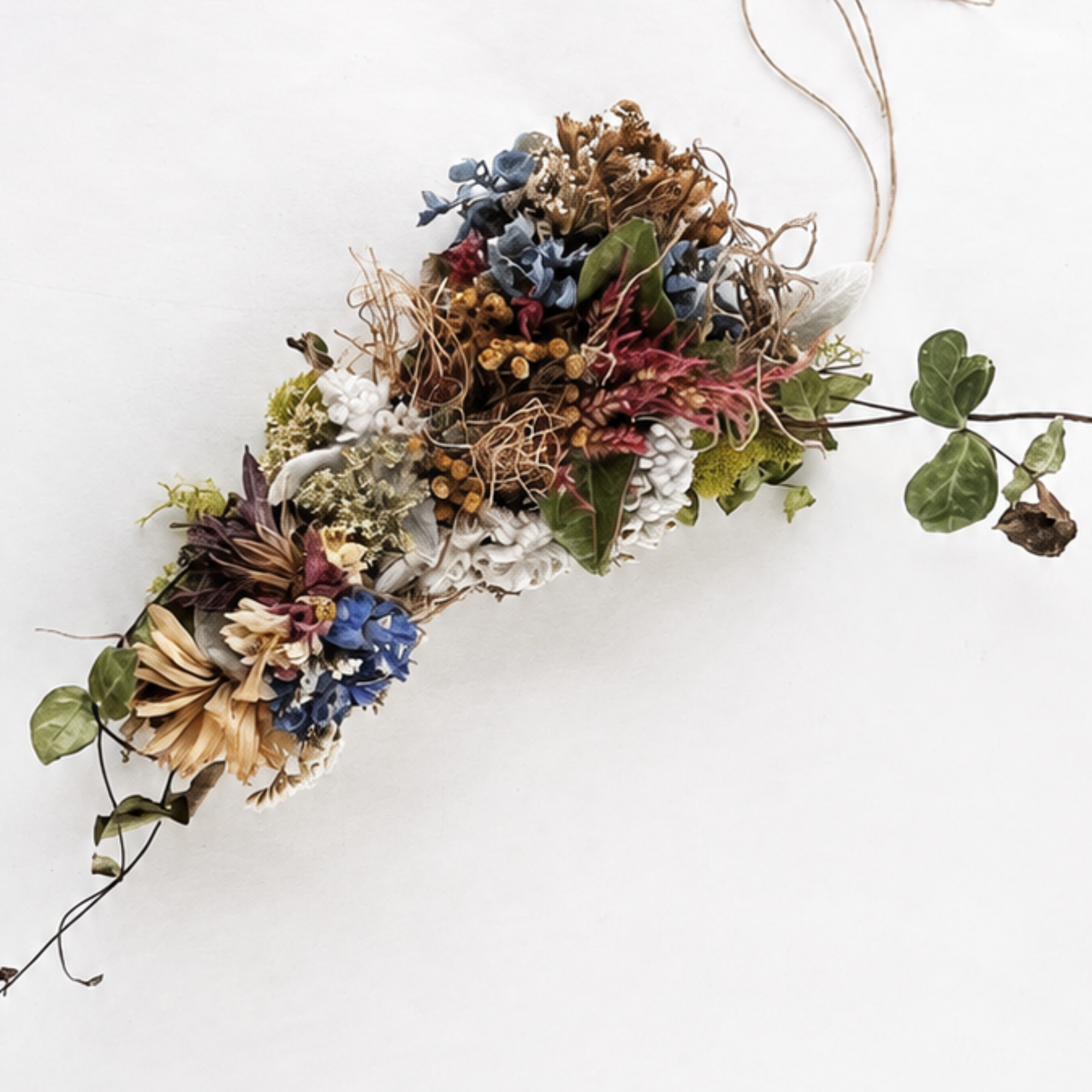 Horizontal view of a handmade botanical wall hanging with dried flowers, greenery and a twine hanger