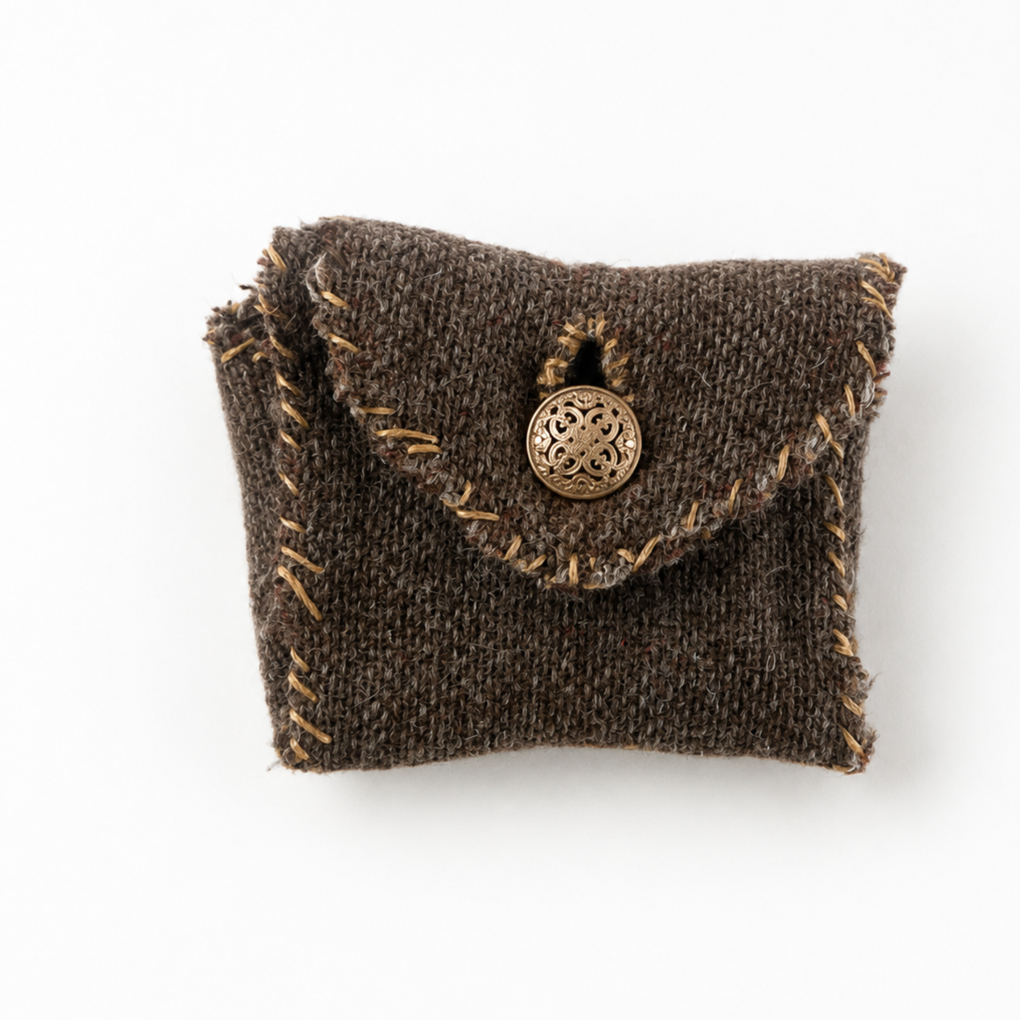 Closed handmade pocket altar crafted from reclaimed tweed with rustic stitching and ornate brass button