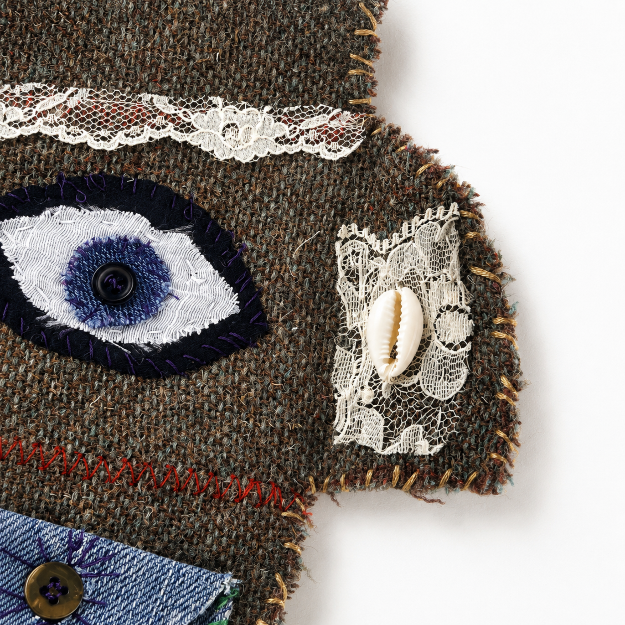 Close-up of hand-sewn evil eye and cowrie shell details on a reclaimed tweed pocket altar