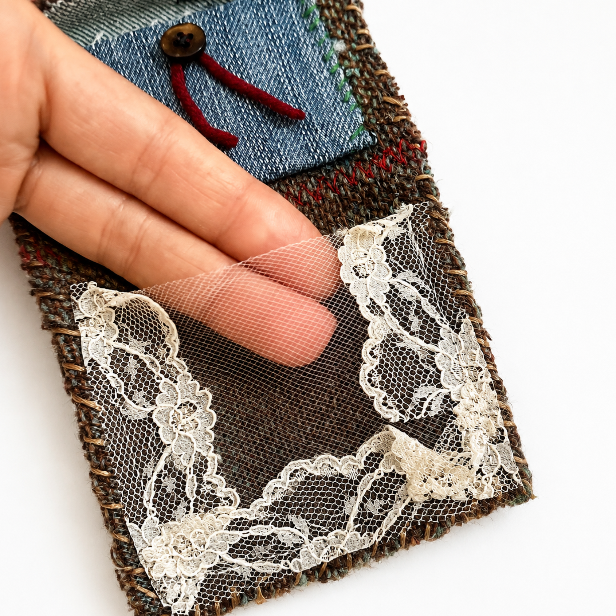 Hand demonstrating the lace pocket designed to hold a written wish, prayer or personal intention