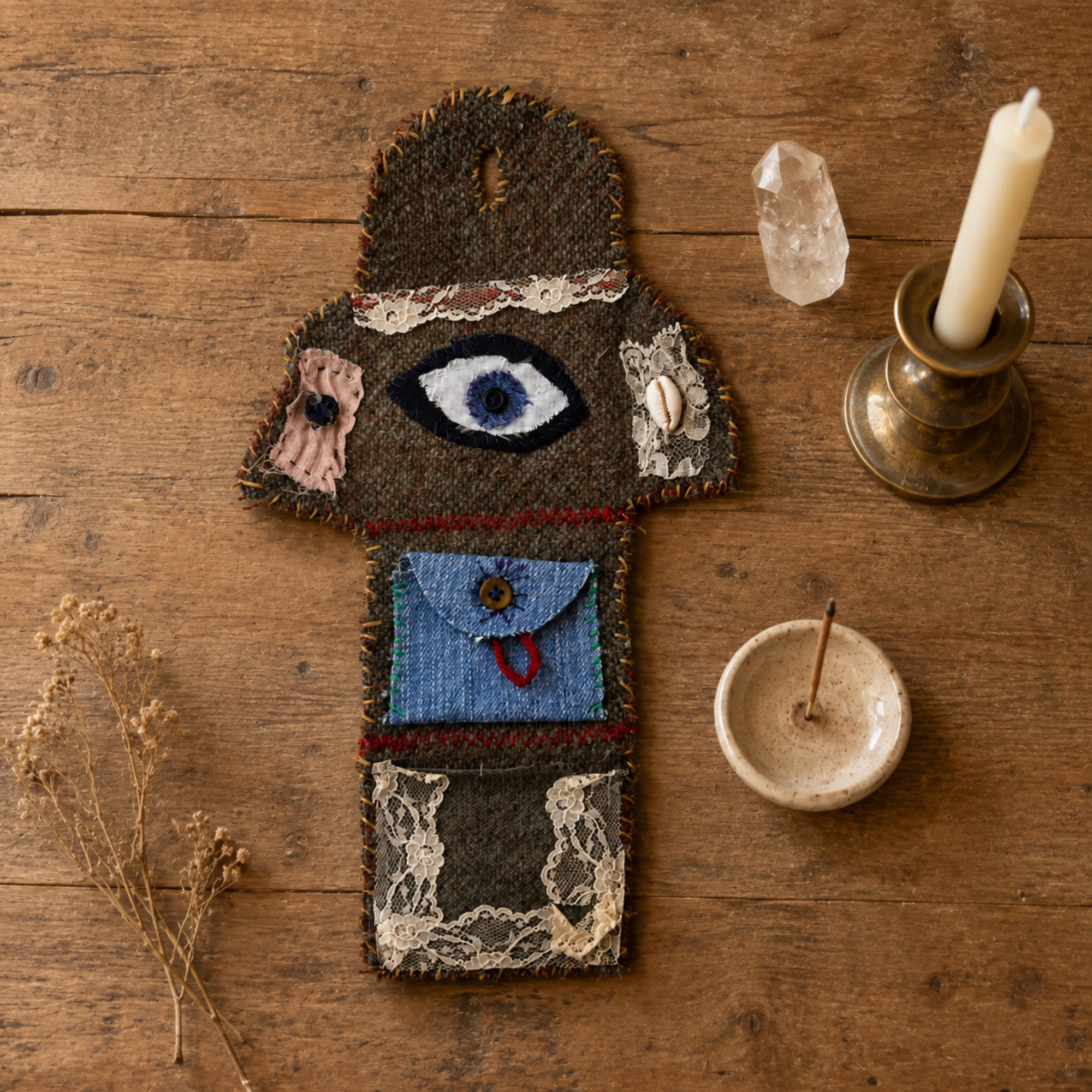 Handmade pocket altar displayed on a rustic wood table with candle, quartz crystal and dried botanicals