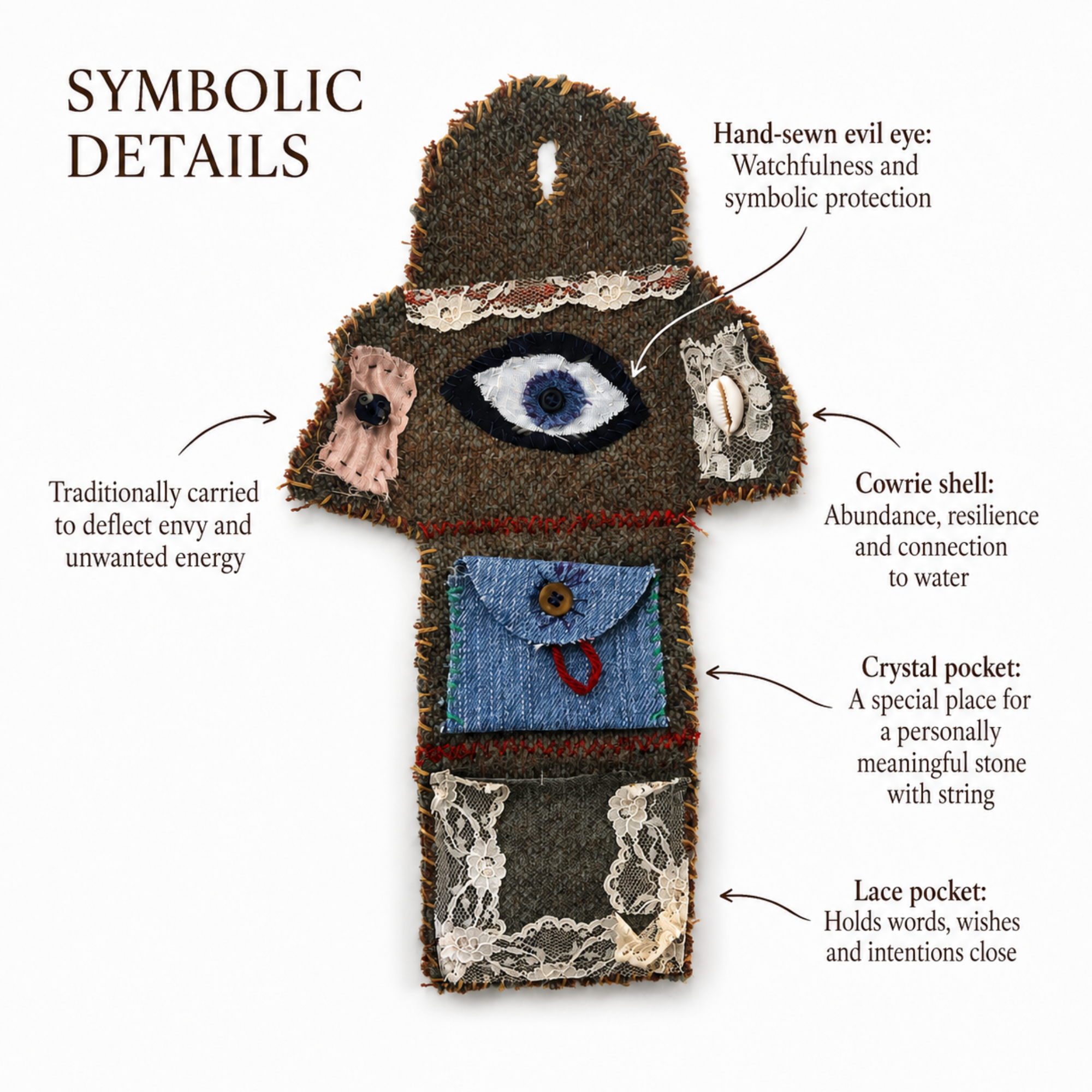 Handmade pocket altar infographic showing the symbolic meanings of its eye, shell and ritual pockets
