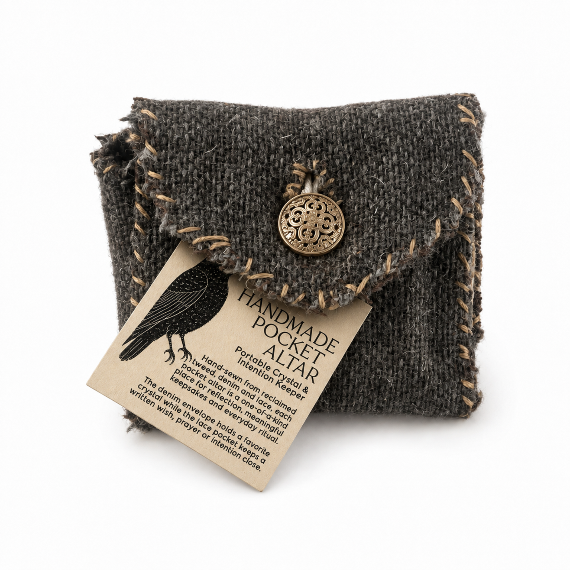 Handmade pocket altar sewn from reclaimed tweed with brass button, raven tag and portable ritual pockets