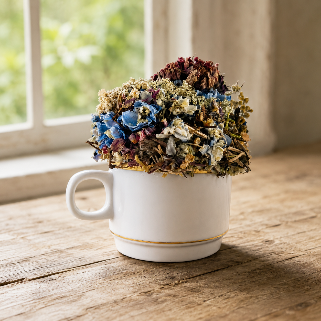 Handmade dried flower arrangement in a white vintage teacup displayed on a rustic wood table by a sunny window