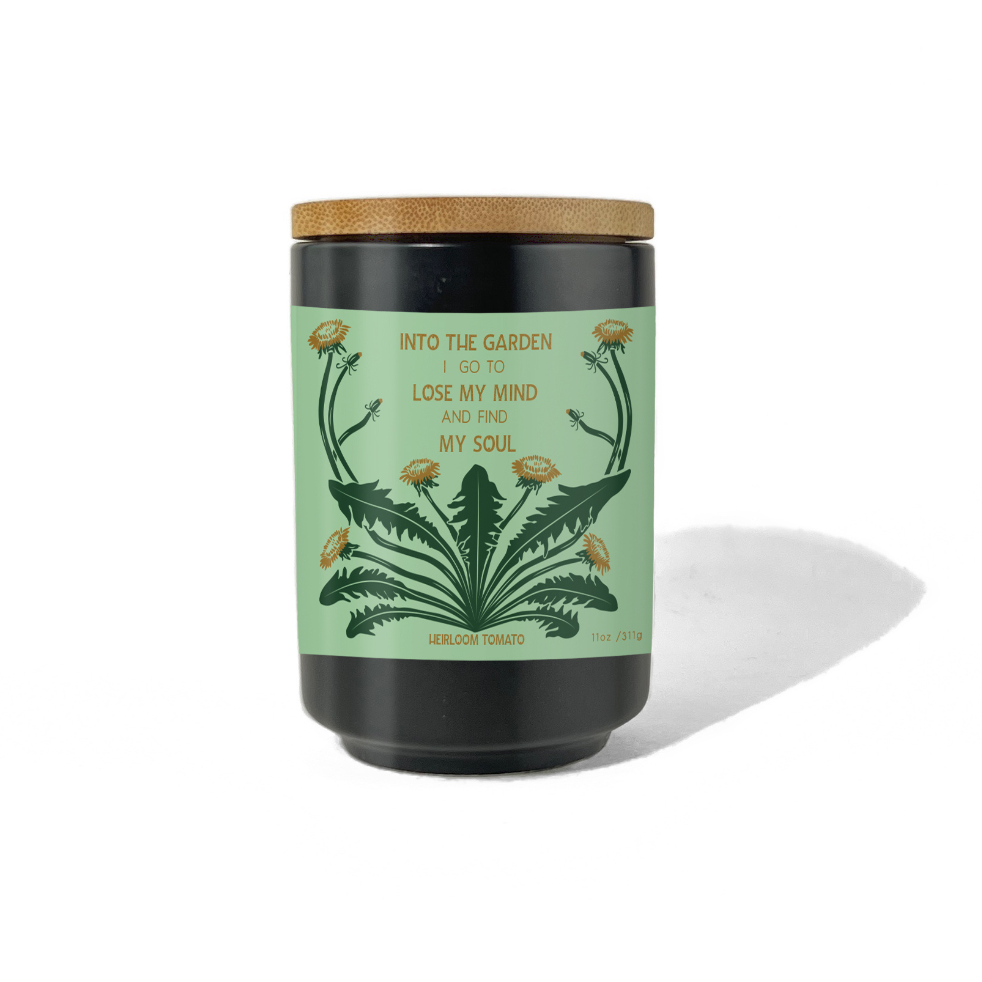 Heirloom Tomato candle with green botanical label and wooden lid