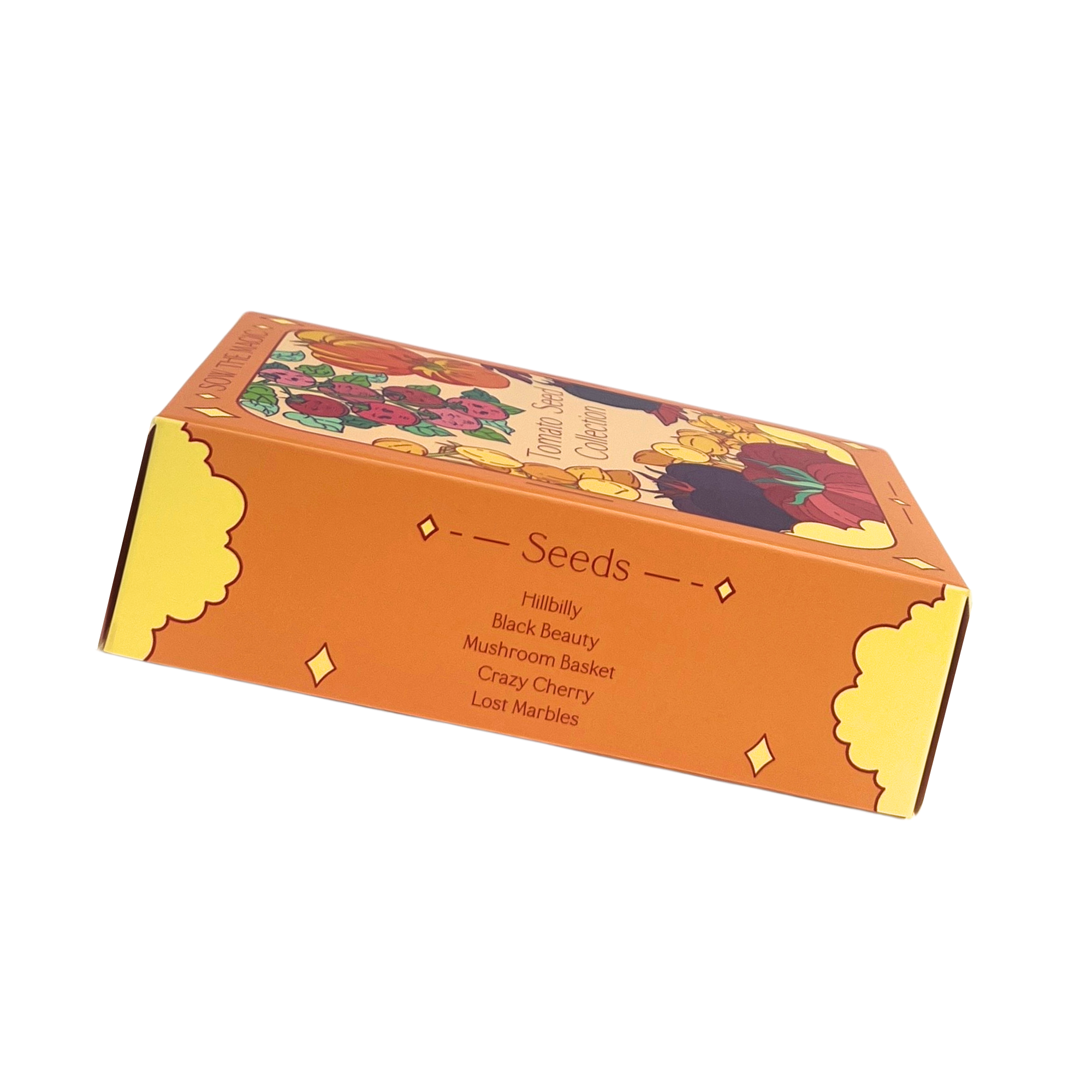 Side view of Sow The Magic Tomato Seed Collection box listing included heirloom tomato seeds: Hillbilly, Black Beauty, Mushroom Basket, Crazy Cherry, Lost Marbles.
