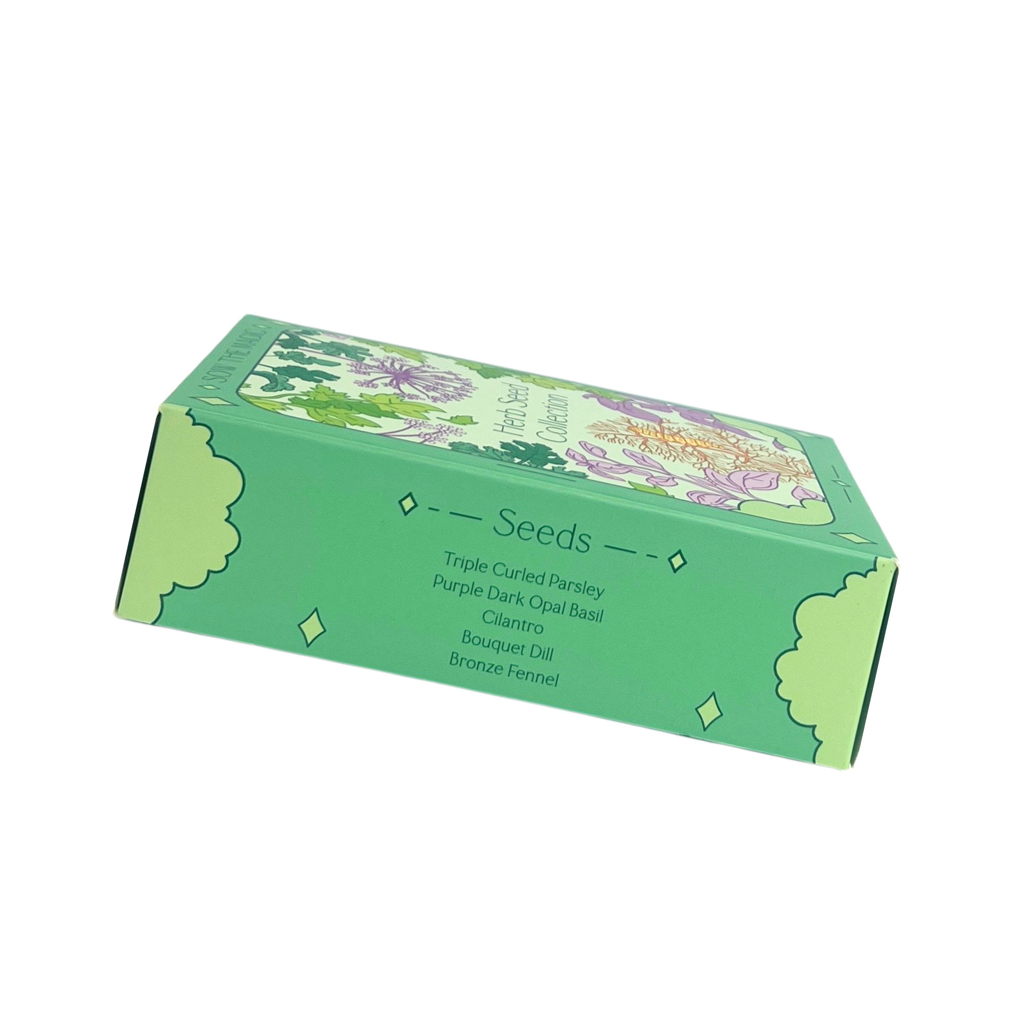 Sow The Magic Herb Seed Collection front and back packaging displayed together, showing botanical artwork and seed details.