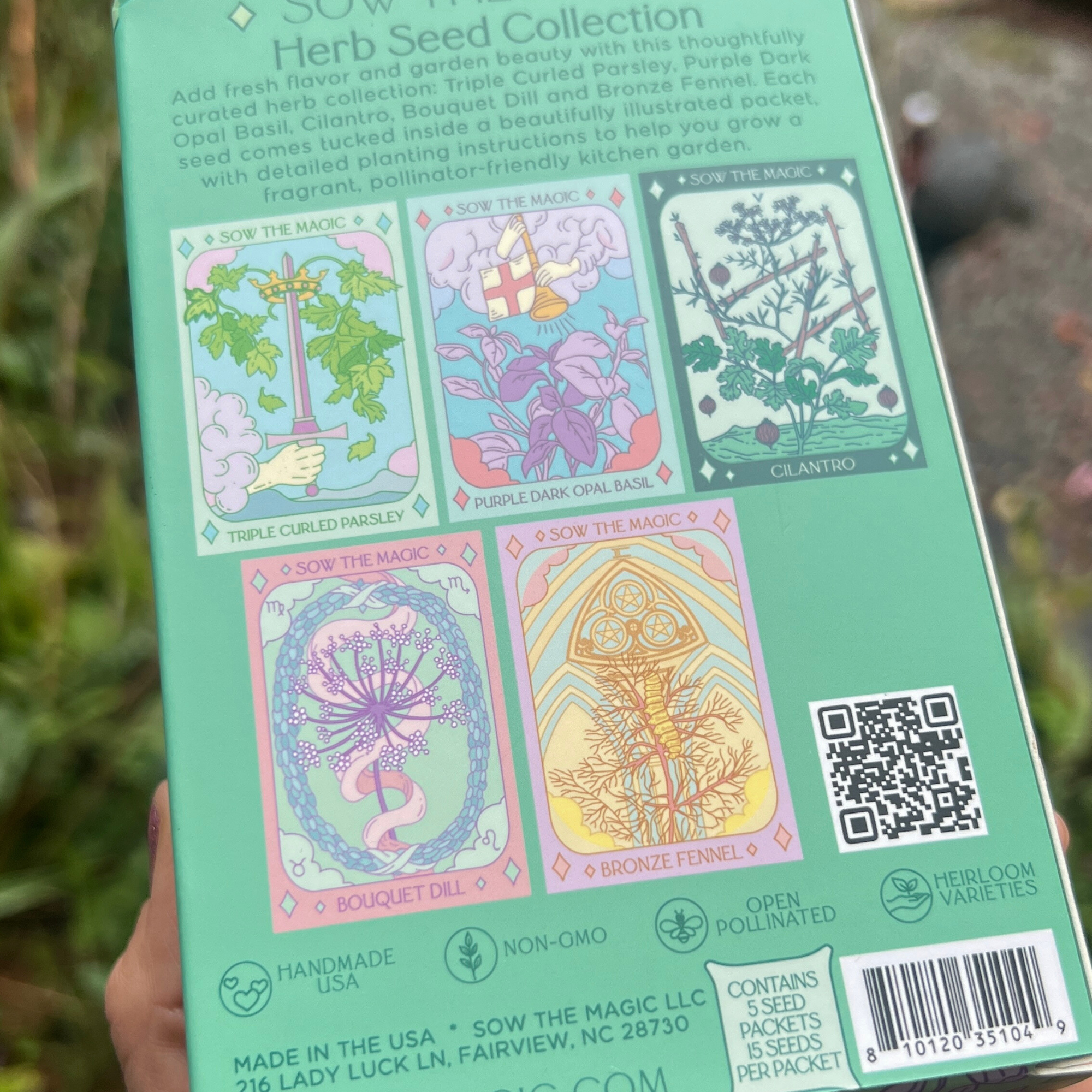 Back of Sow The Magic Herb Seed Collection box featuring illustrated seed packets for parsley, basil, cilantro, dill, and fennel.