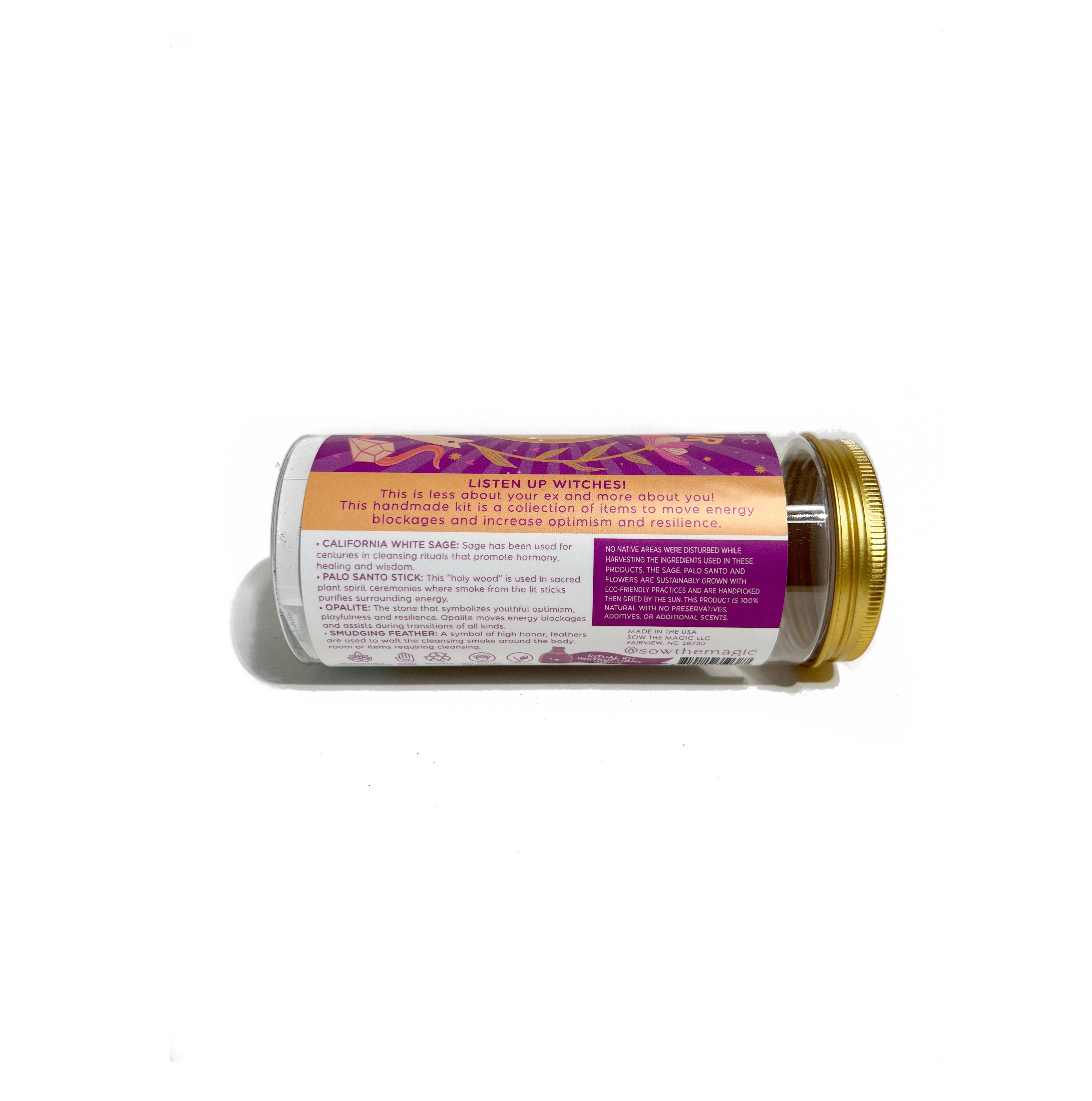 Back label of Hex Your Ex Ritual Kit highlighting empowering message and ethical sourcing details