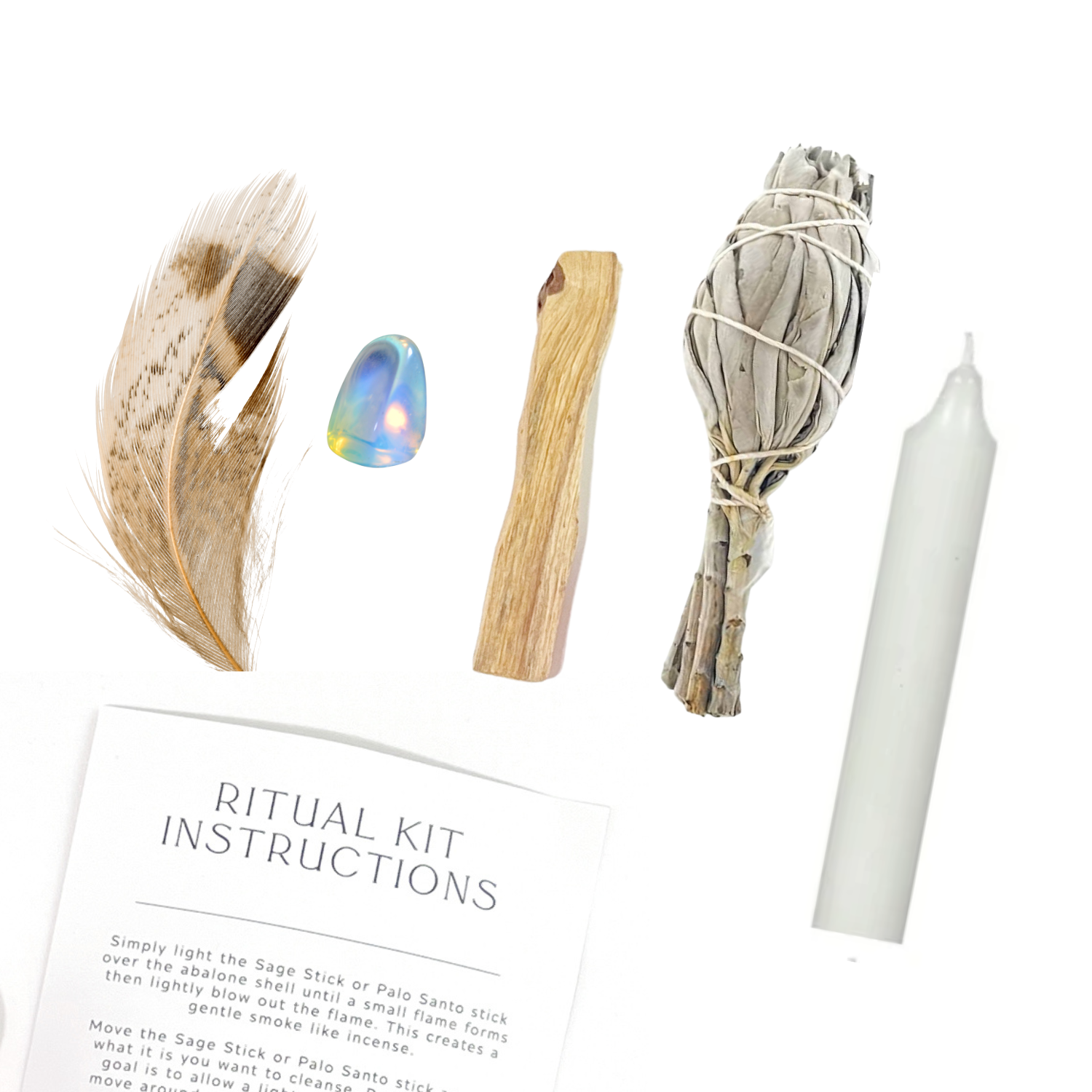 Flat lay of Hex Your Ex Ritual Kit showing Opalite stone, Palo Santo stick, Sage bundle, feather, candle and ritual instructions