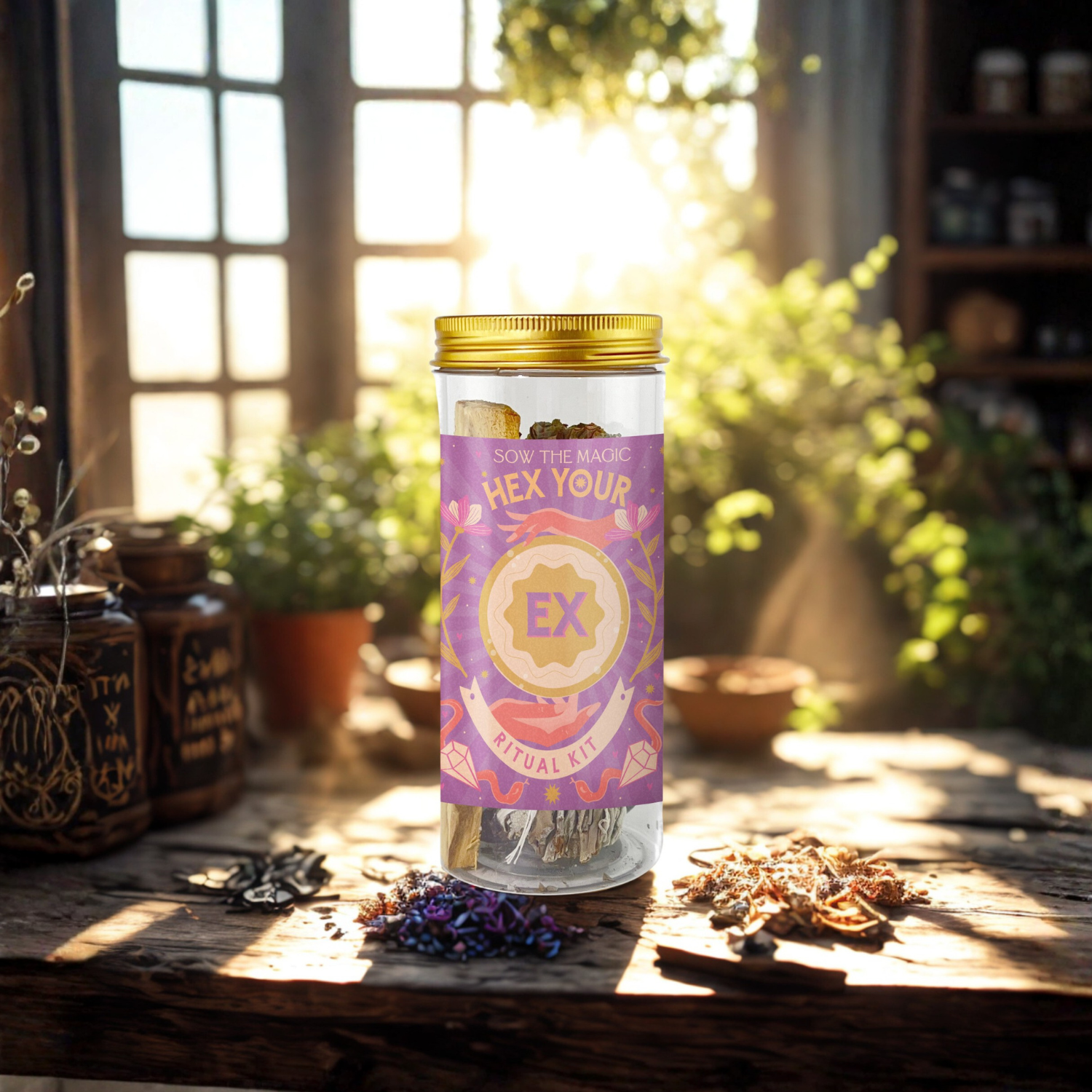 Hex Your Ex Ritual Kit on rustic table with natural light and herbs for spiritual cleansing and self-renewal