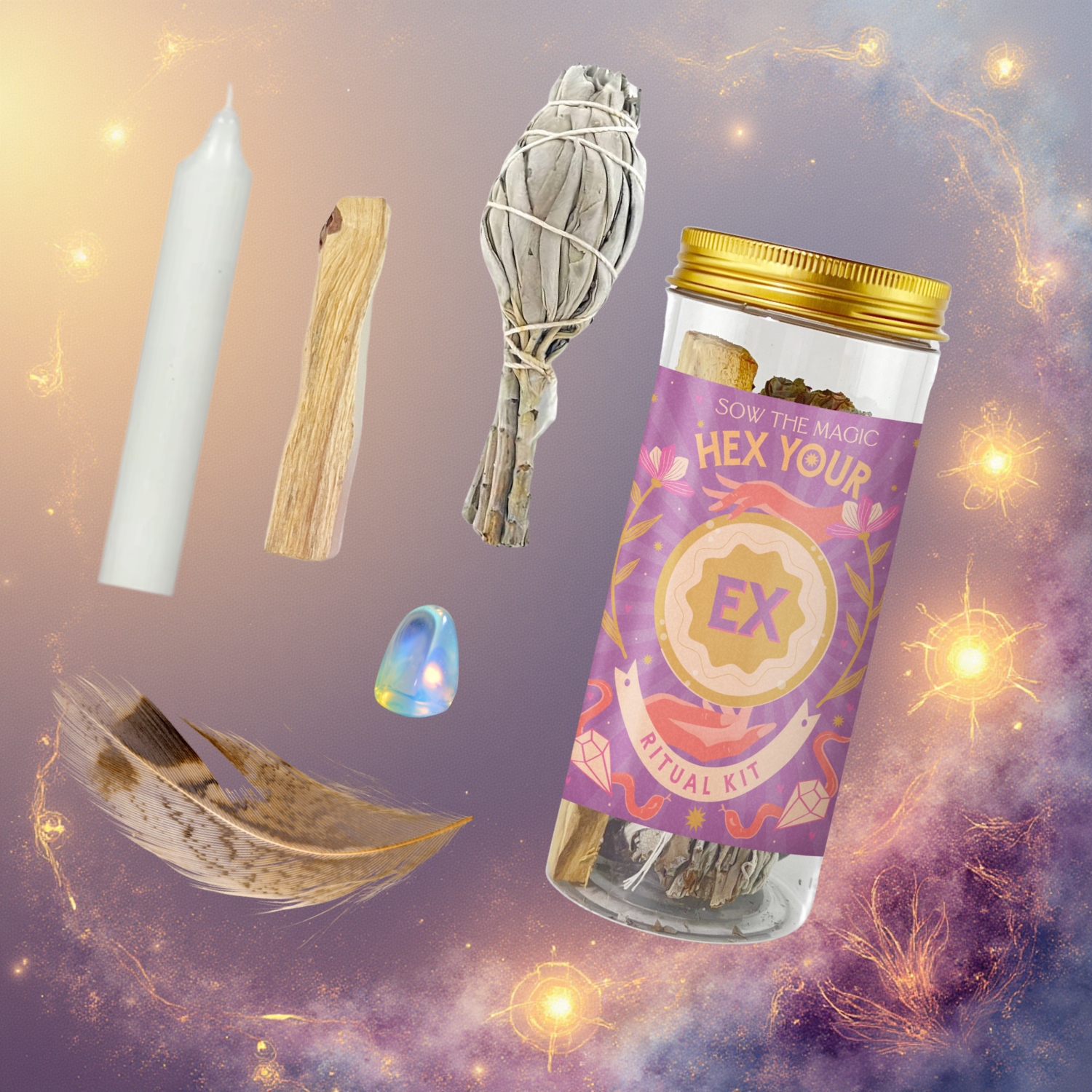 Hex Your Ex Ritual Kit with Opalite crystal Palo Santo Sage feather and candle floating on a glowing cosmic background