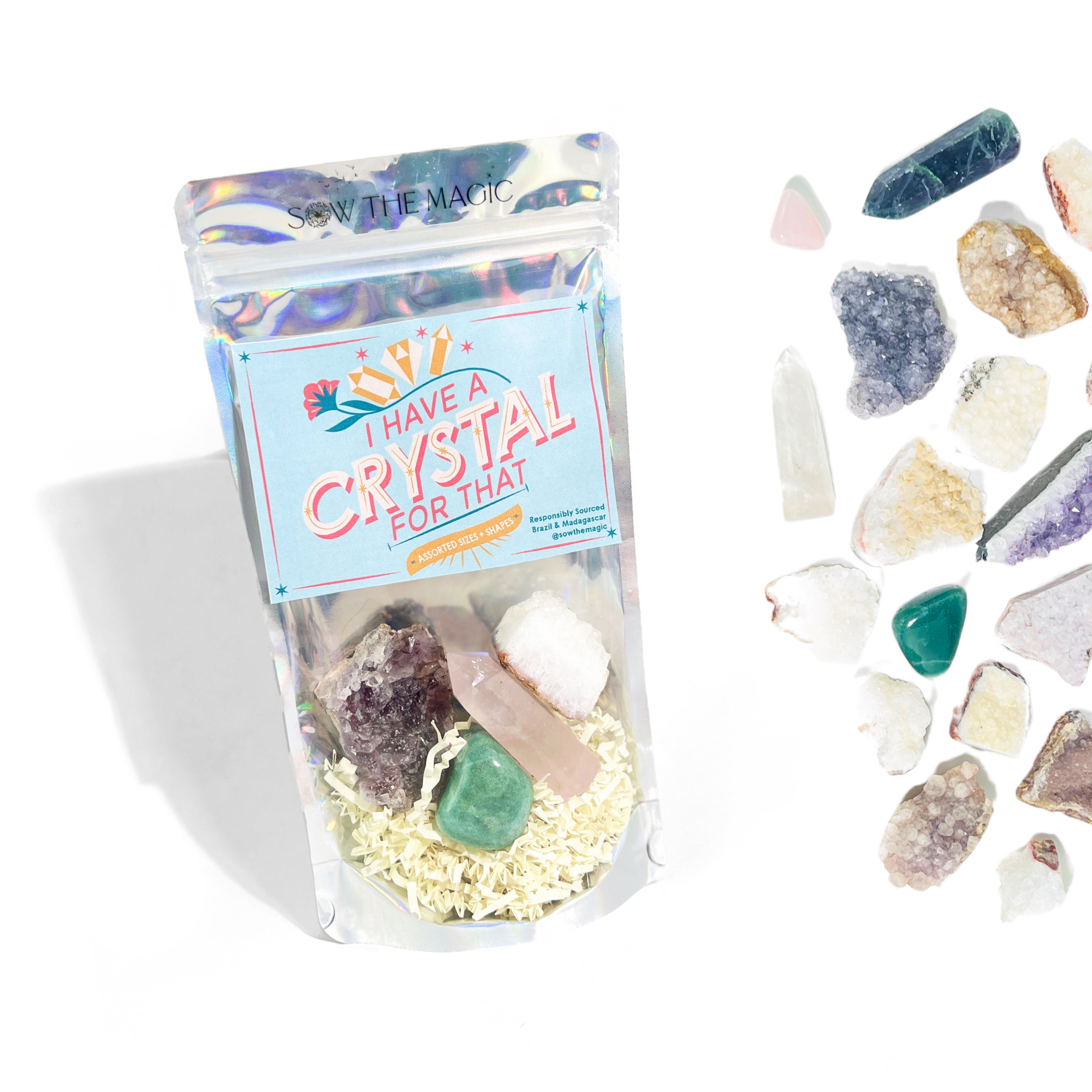 Assorted raw and tumbled crystals beside the holographic “I Have a Crystal for That” bag