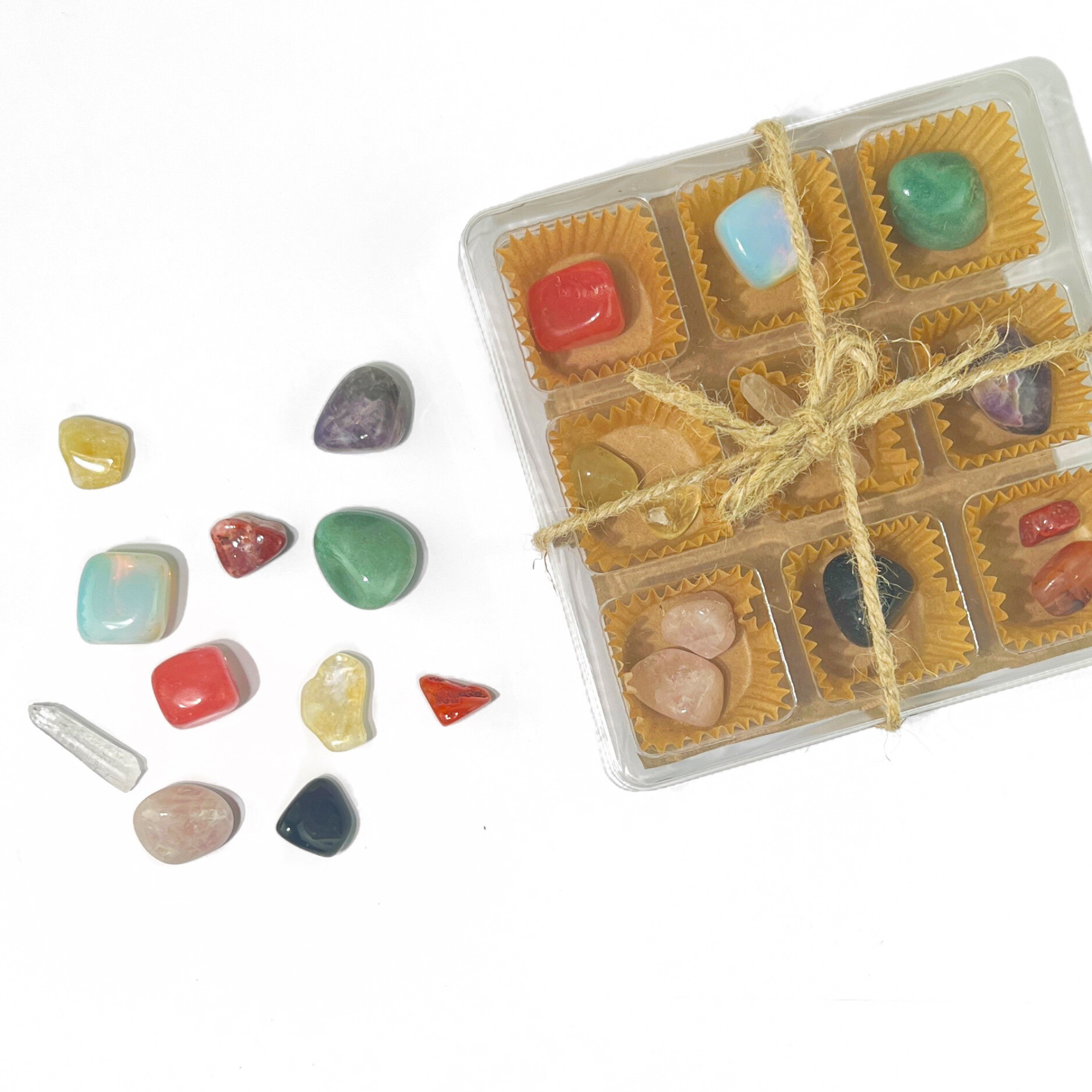Boxed set of nine tumbled healing crystals tied with twine for gifting